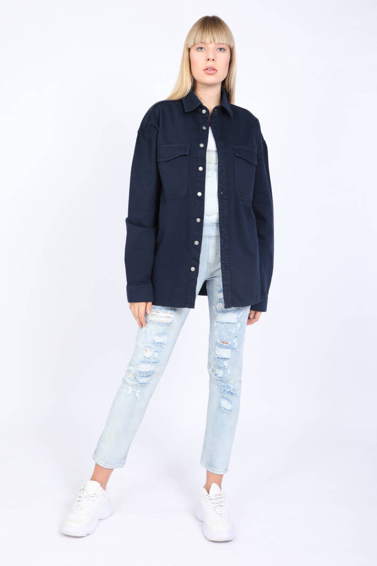 BANNY JEANS  Kadın Oversize Jean Gömlek Lacivert - Görsel 5