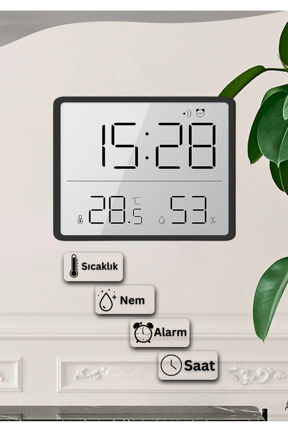 edewatt Dijital Oda Termometre Sıcaklık Ve Nem Ölçer Masa Saati Alarm LCD Ekran Duvara Takılır SİYAH