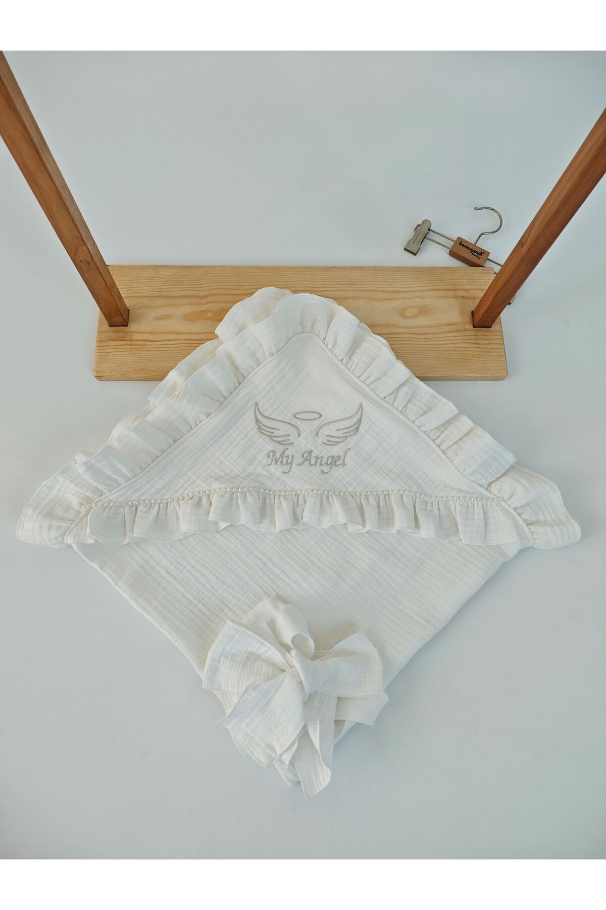 Tomuycuk Ekru 4 Kat Müslin Bebek Battaniyesi %100 Pamuklu Kız / Erkek Bebek Örtüsü Kundağı Nakışlı Hediyelik fotoğrafı 6 (önizleme)