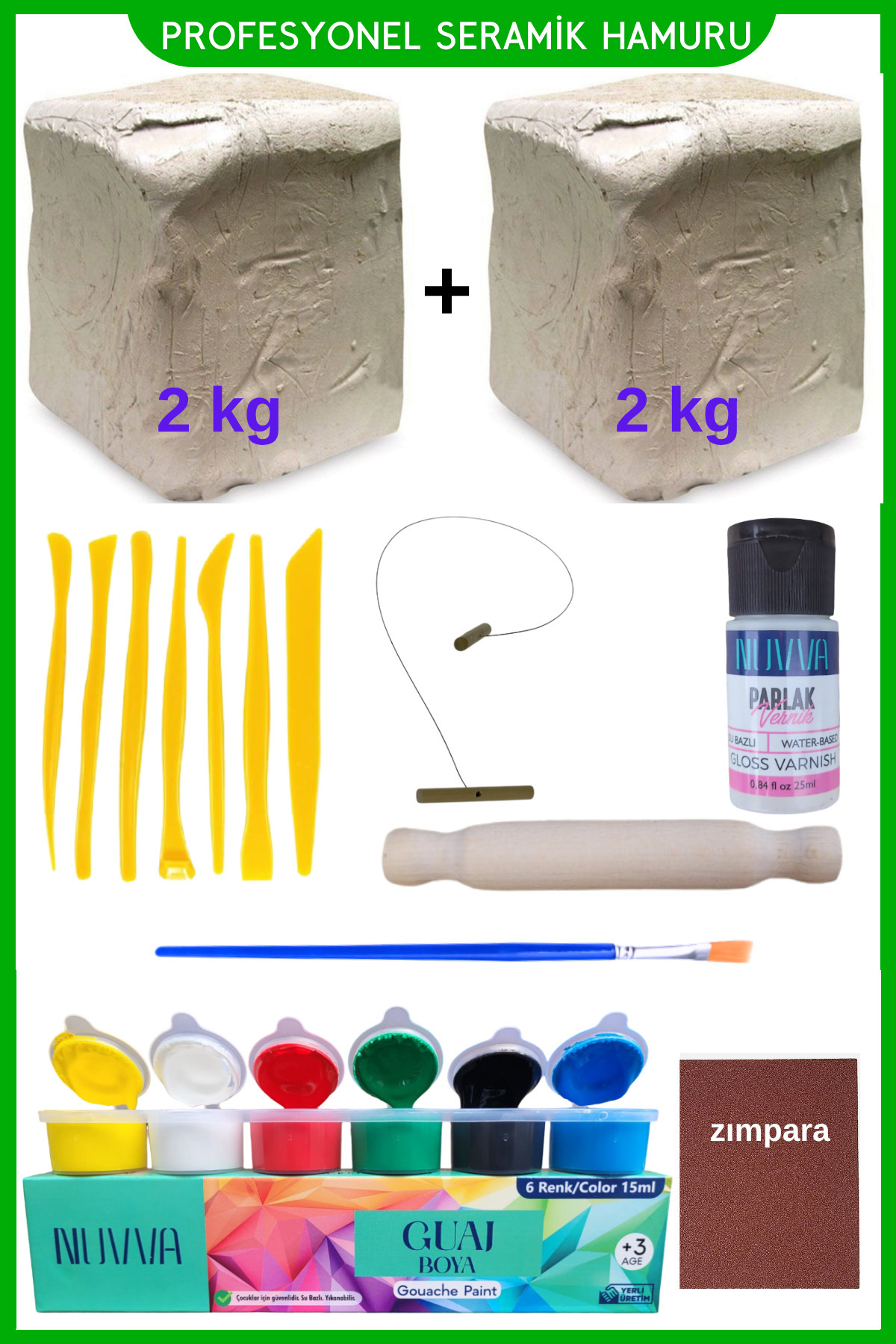 O&S Oyun ve Sanat Eğlen-Üret Seramik Hamuru 4000 Gr, 7li Plastik Ebeşuar, Kesme Teli ipi, Guaj, Doğal Kil Çamuru Hobi Yapım Seti