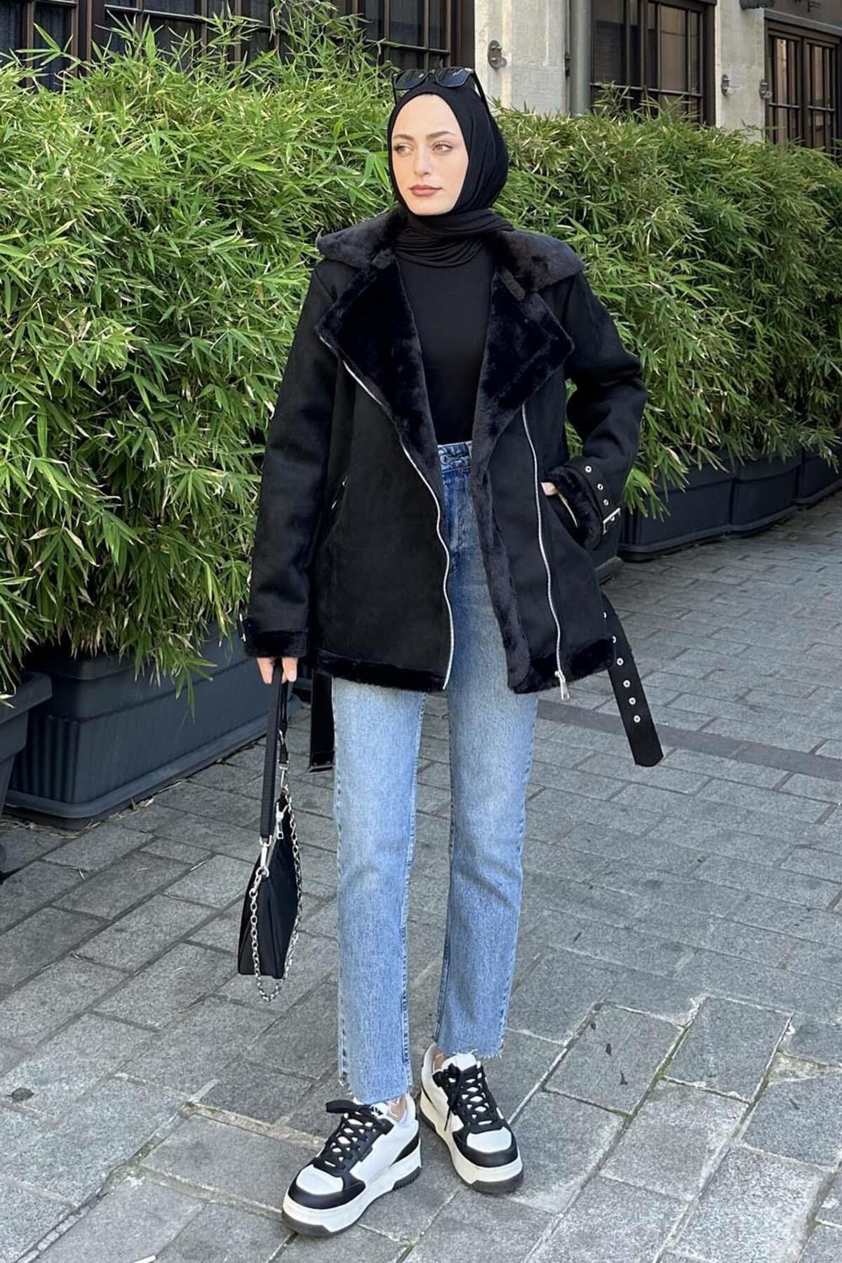 lamelif Kürk Detaylı Süet Mont Siyah