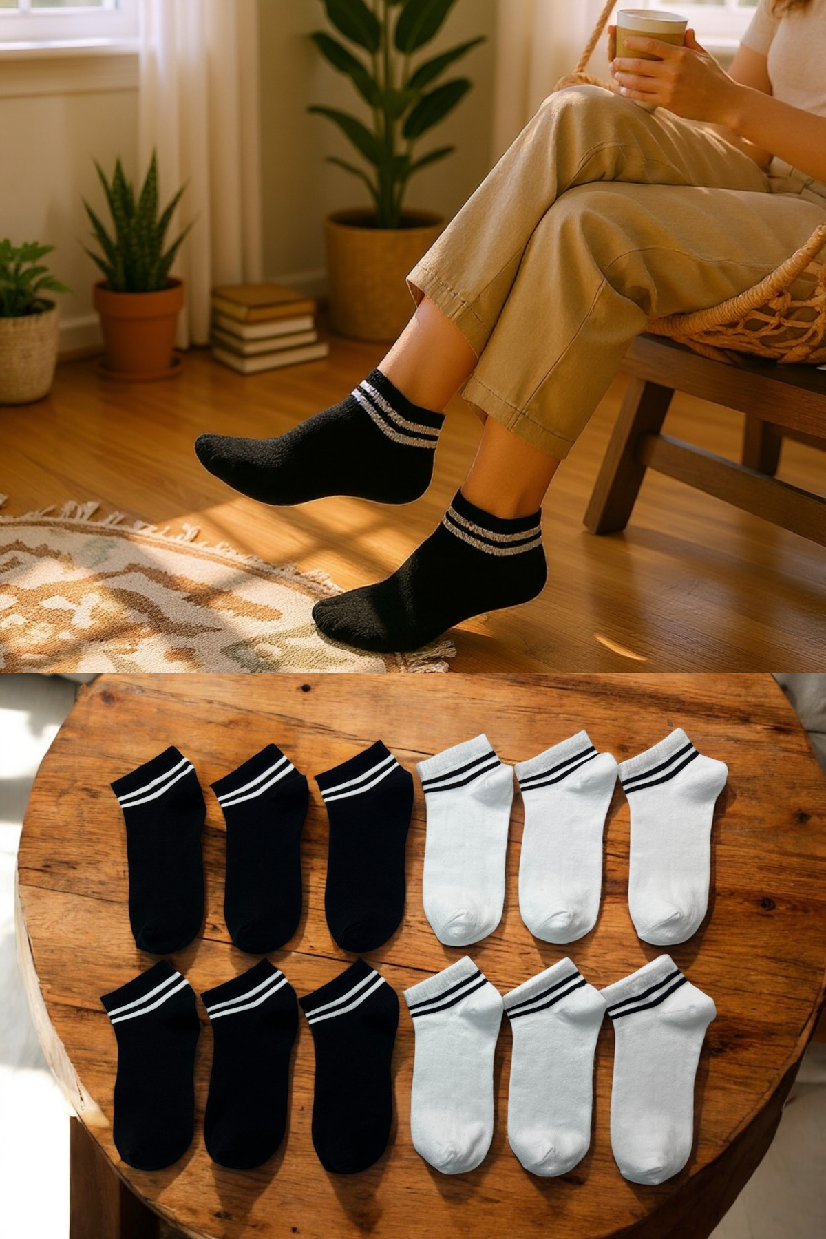 Women Men 7-Piece Cotton Striped Booties Socks Set Comfortable Breathable Black and White