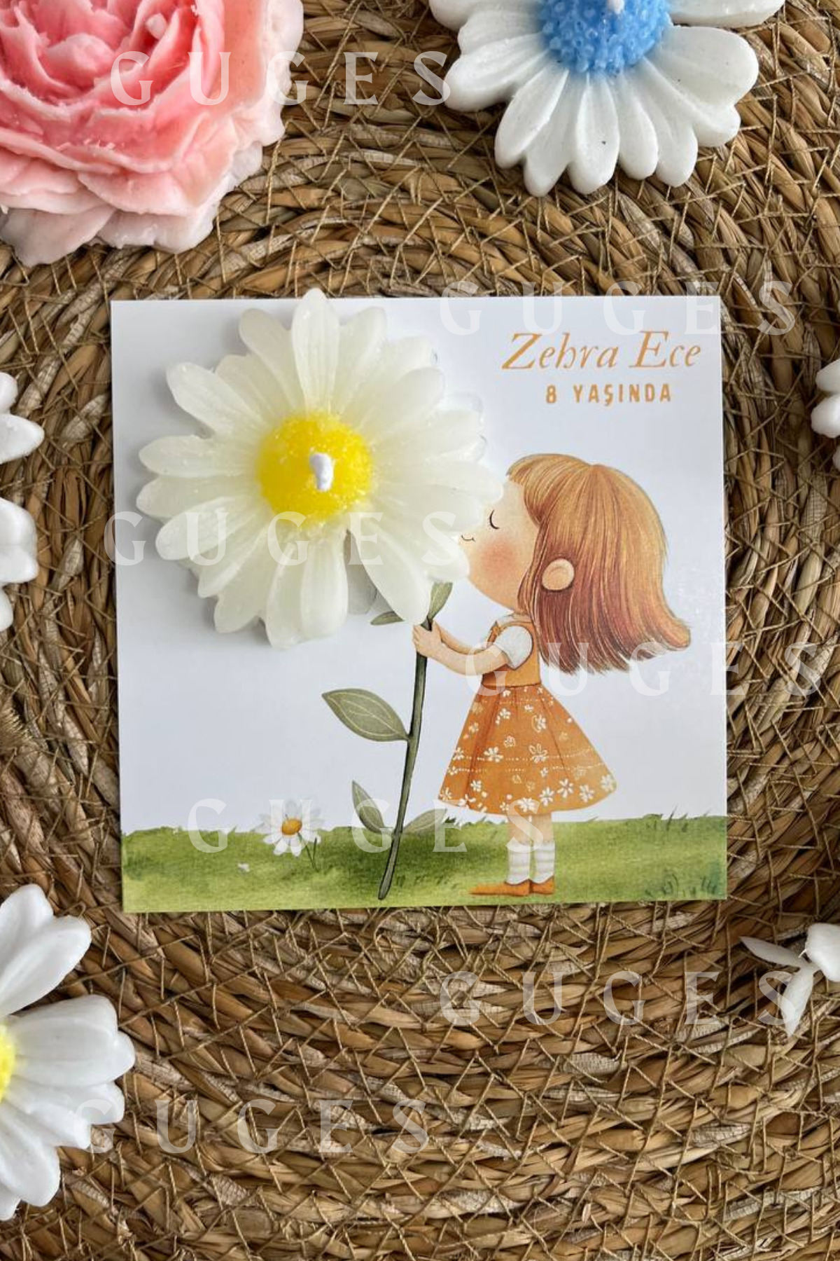 GUGES 10 Adet Özel Tasarlanmış Kart Ve Papatya Mum. Bebek Doğum, Babyshower, Doğum Günü, Hediyelik fotoğrafı 7 (önizleme)