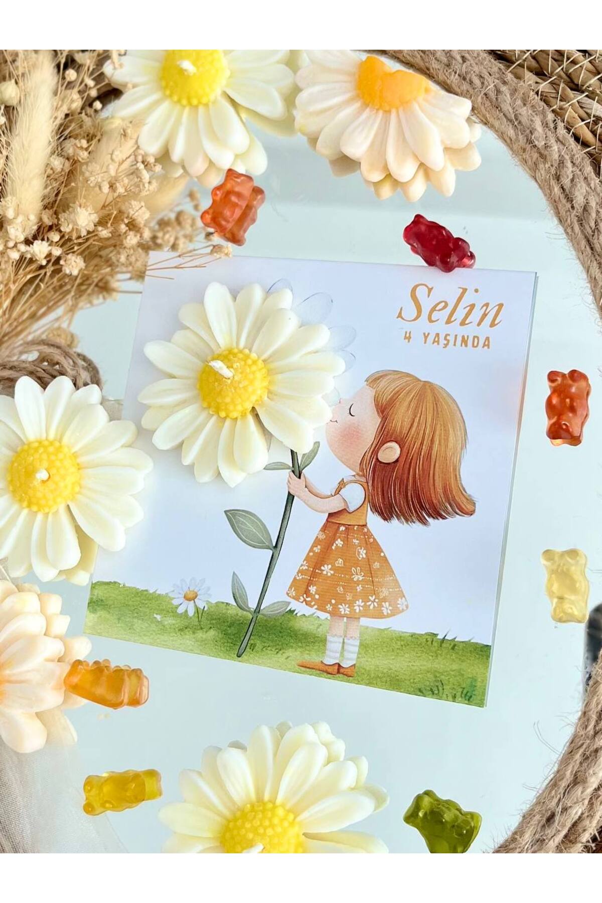 GUGES 10 Adet Özel Tasarlanmış Kart Ve Papatya Mum. Bebek Doğum, Babyshower, Doğum Günü, Hediyelik fotoğrafı 4 (önizleme)