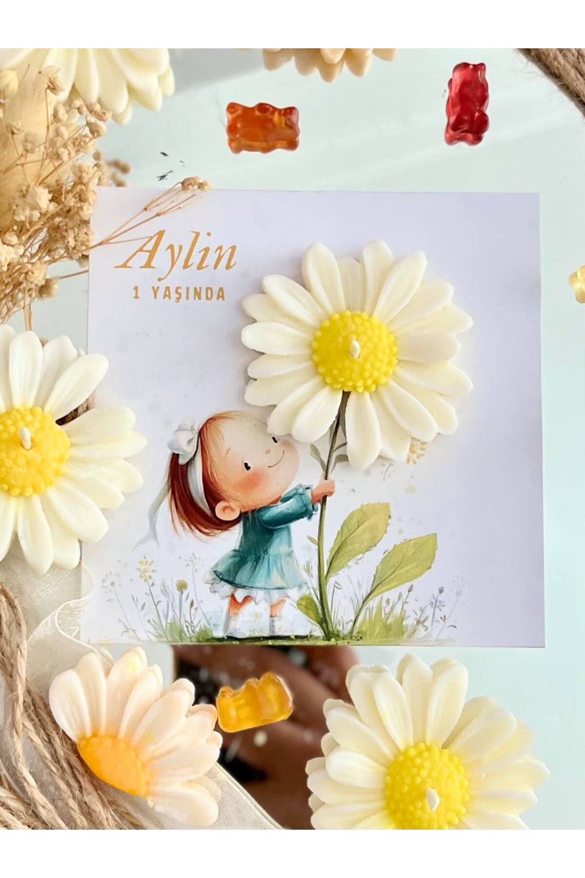 Genel Markalar 10 Adet Özel Tasarlanmış Kart Ve Papatya Mum. Bebek Doğum, Babyshower, Doğum Günü, Hediyelik fotoğrafı 3 (önizleme)