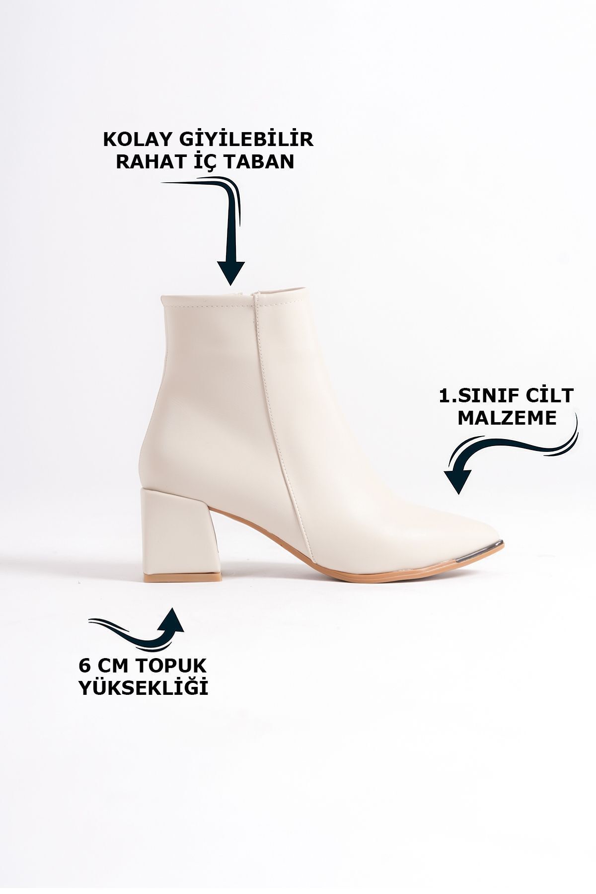 Limeo Sivri Burunlu Deri Görünümlü Cilt Krem Önü Metal Detaylı Fermuarlı Kısa Sade Klasik Bot Bootie görsel 7