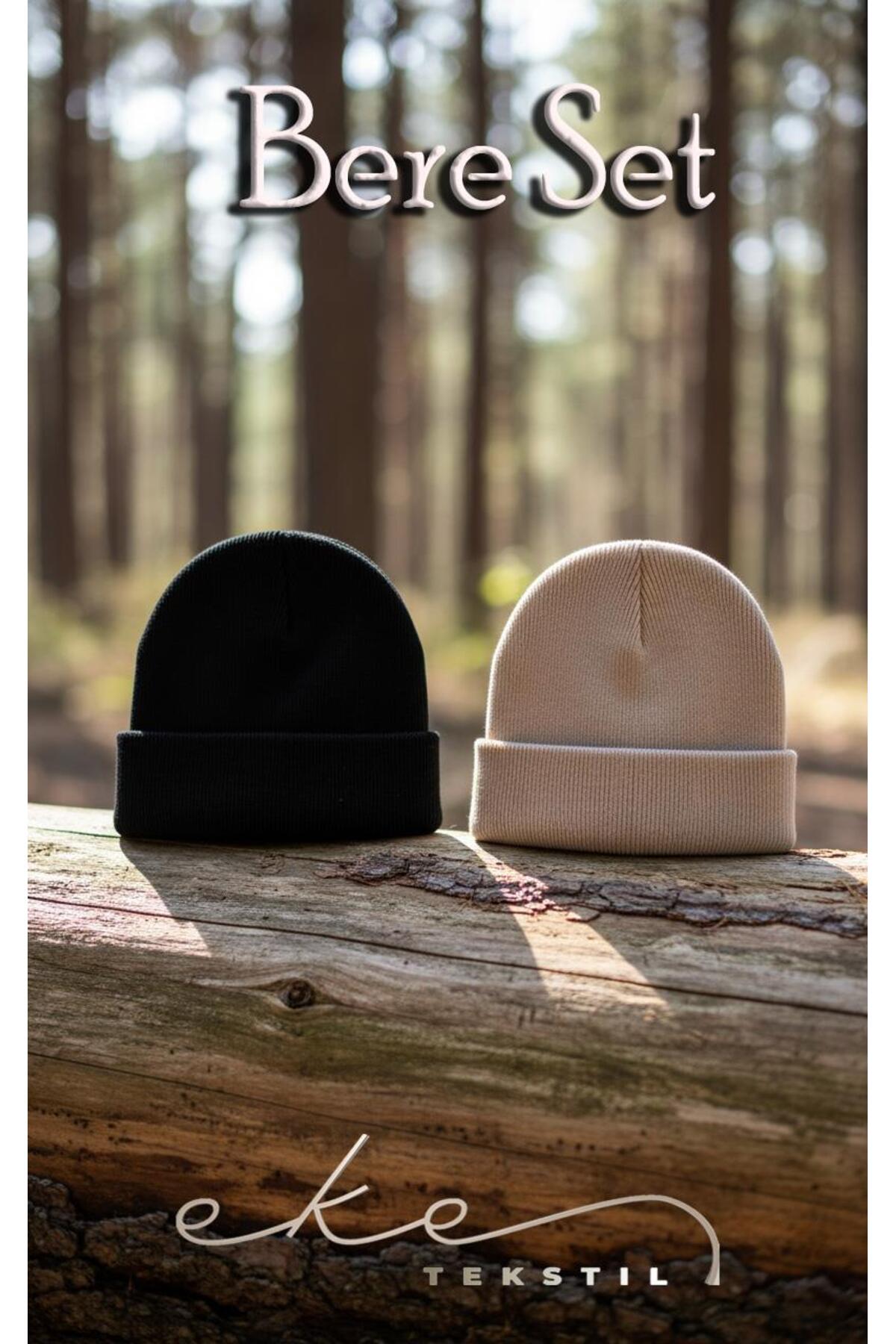 Eke Tekstil Unisex Katlamalı TAŞ,SİYAH 2'Lİ Bere Seti EKEBERESETİ2LİYENİ görsel 2