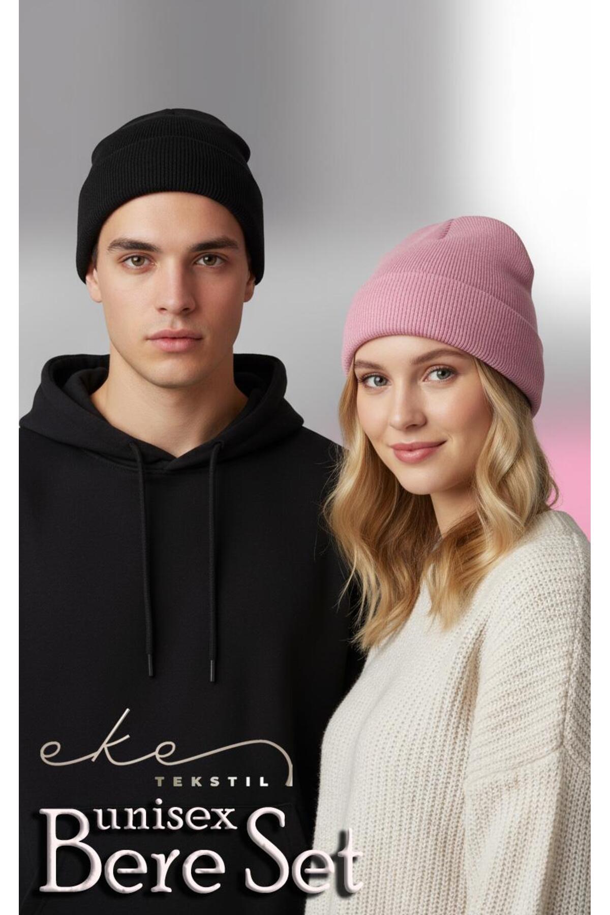 Eke Tekstil Unisex Katlamalı PEMBE,SİYAH 2'Lİ Bere Seti EKEBERESETİ2LİYENİ görsel 3