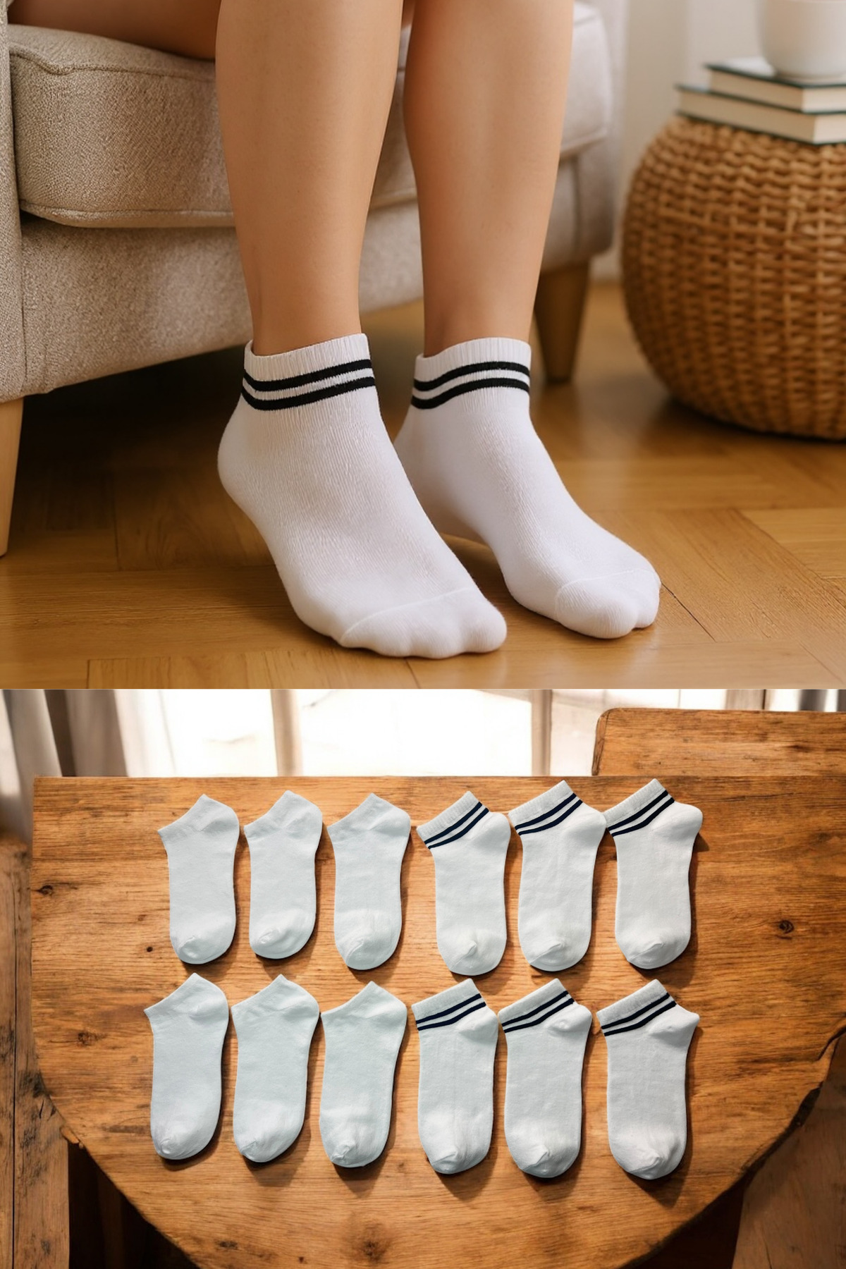 Women Men's 10-Pack Cotton Plain and Striped White Booties Socks Set Comfortable Breathable