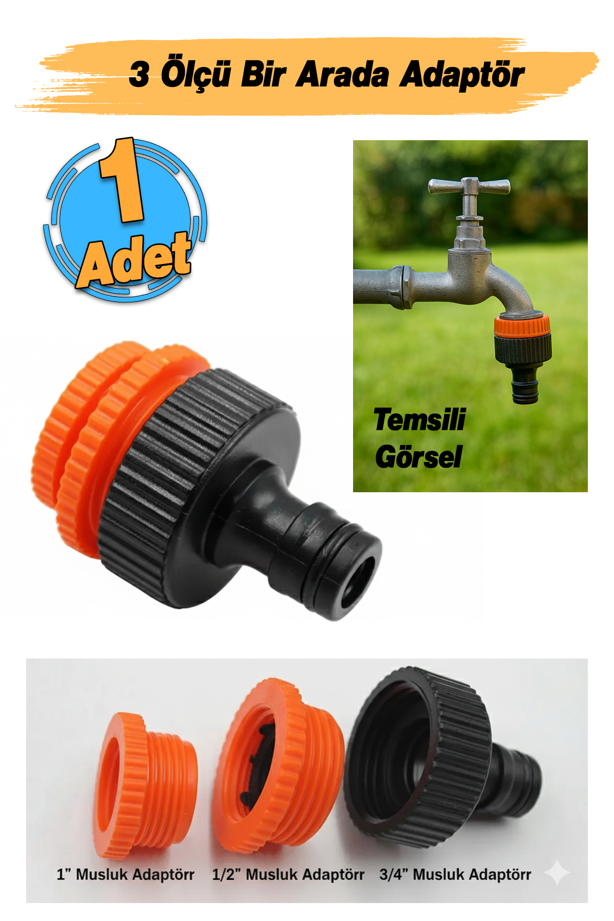 Badem10 Adaptör 3 Farklı Ölçülü Hortum Bağlantı Aparatı Eki 1/2