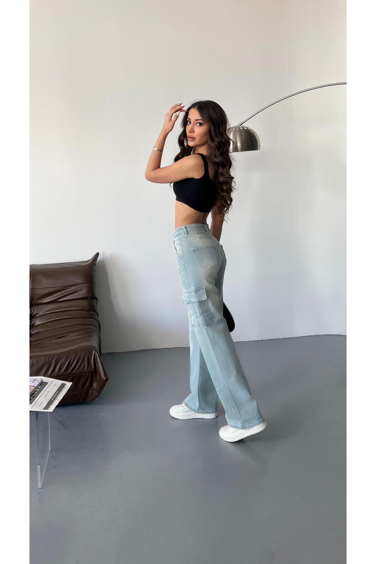 Kadın Soluk Efekt Vintage Yüksek Bel Wide Leg Kargo Pantolon buz mavi 6