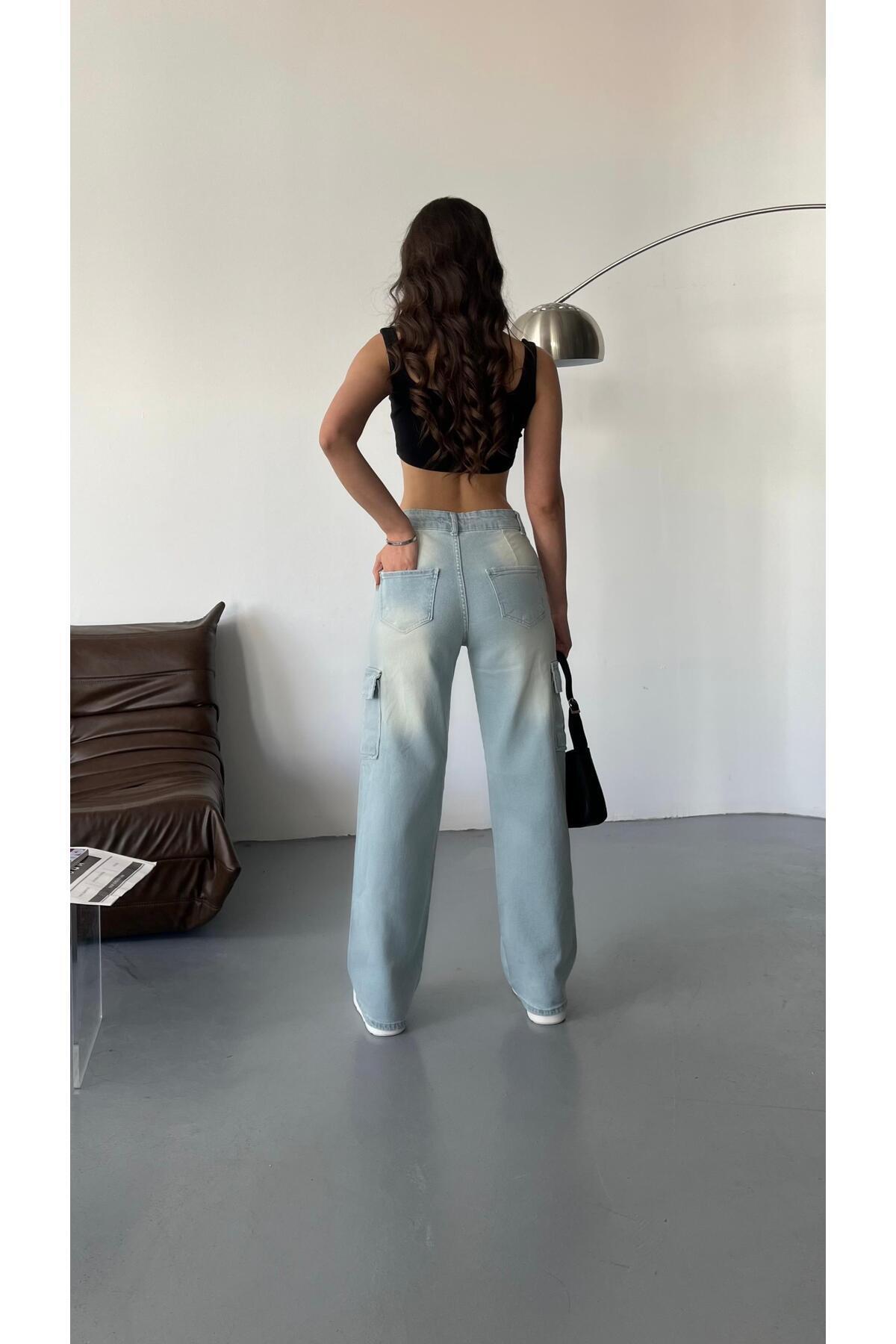 Kadın Soluk Efekt Vintage Yüksek Bel Wide Leg Kargo Pantolon buz mavi 4