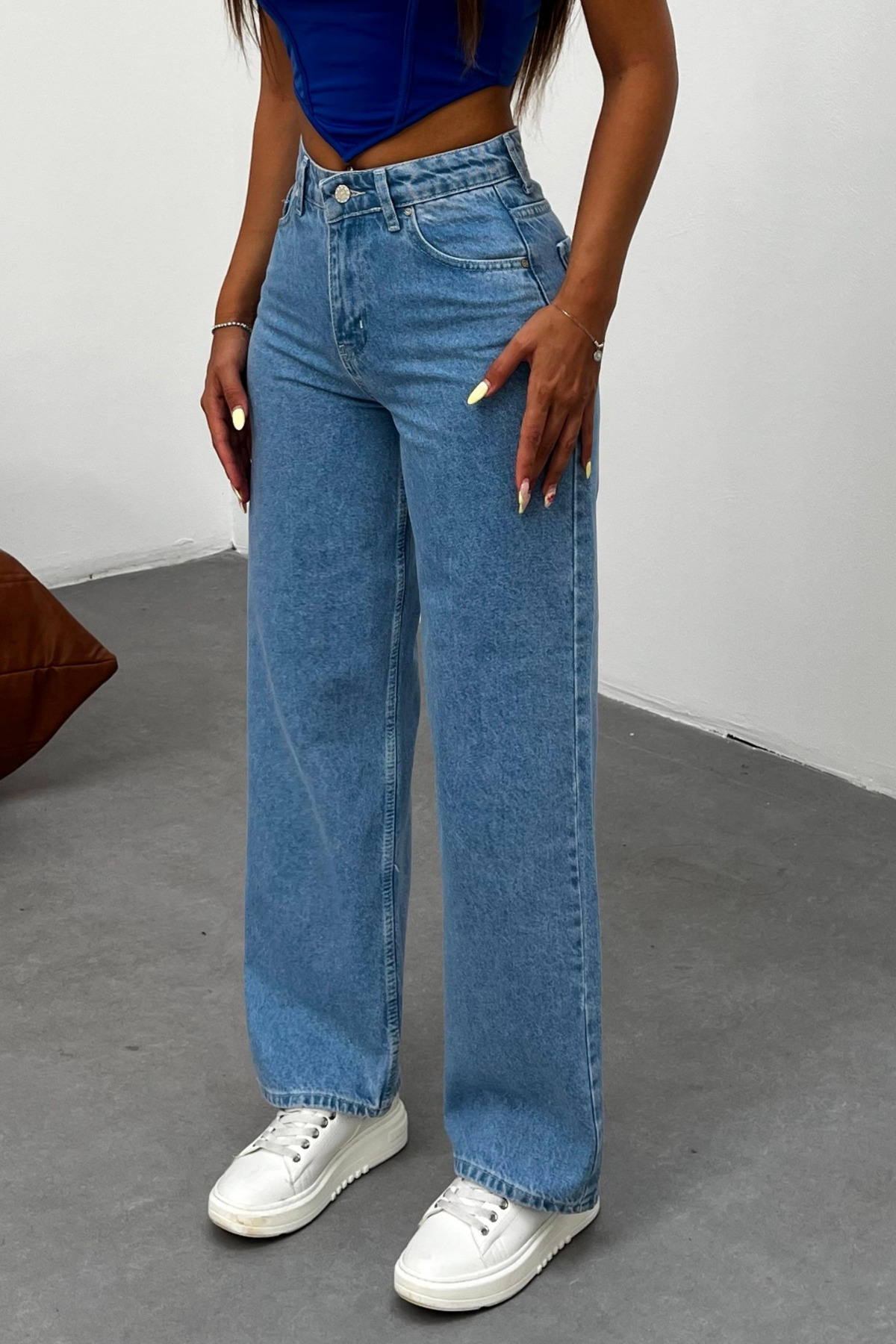 BİKELİFE Dámske modré džínsové nohavice so širokým pásom