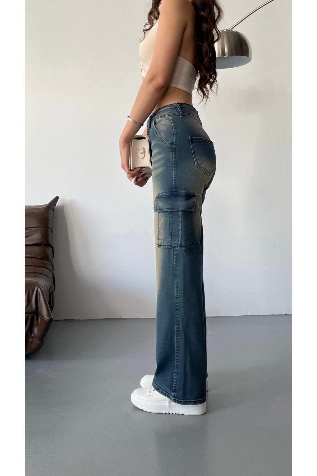Kadın Soluk Efekt Vintage Yüksek Bel Wide Leg Kargo Pantolon koyu mavi 4