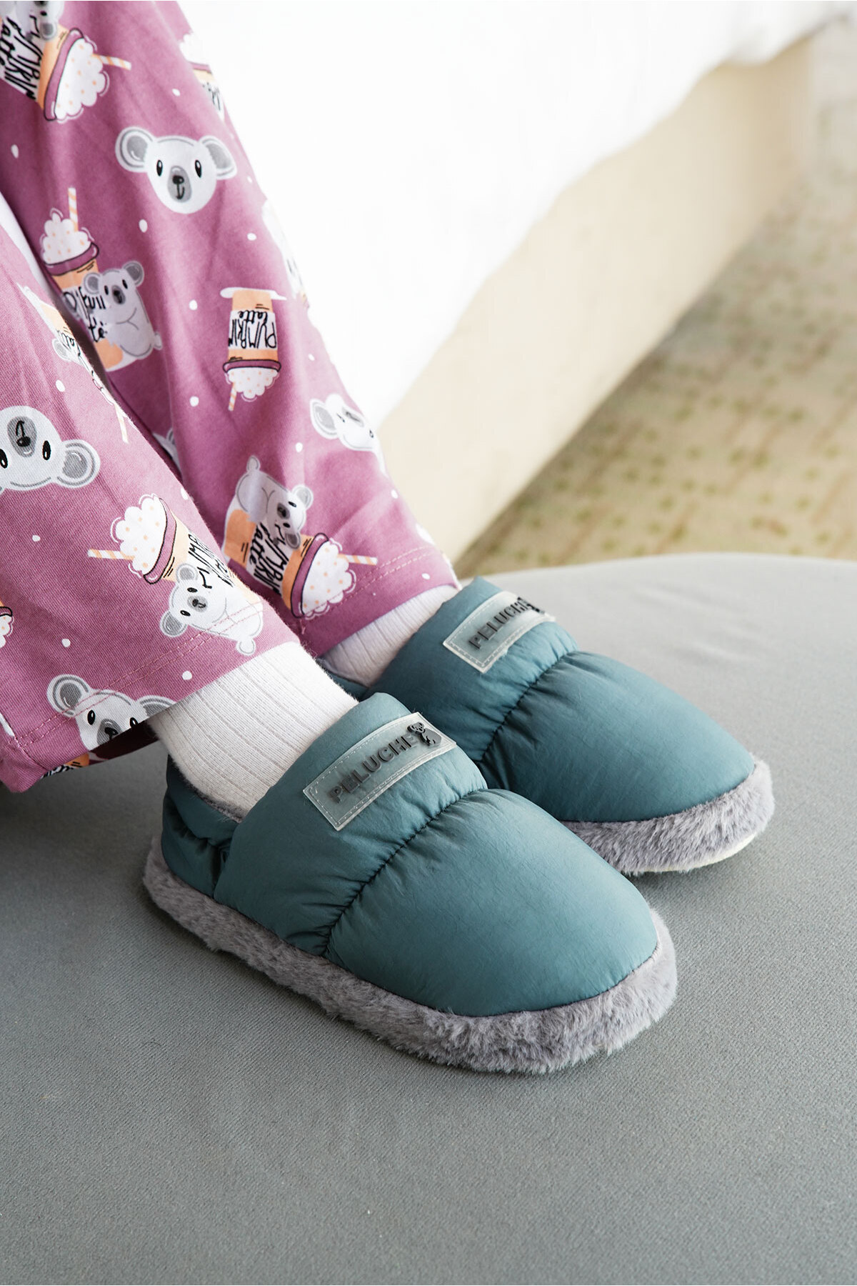  کفش‌های راحتی بچه‌گانه نرم، خزدار، انعطاف‌پذیر، سبک، بادوام، سبز، خاکستری - خانه - کفش‌های مهدکودک