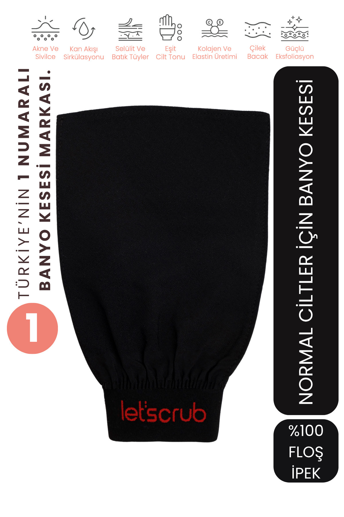 LET'SCRUB Üçgen Siyah Banyo Duş Kesesi Peeling Eldiveni %100 Floş Ipek Unisex Selülit Giderici