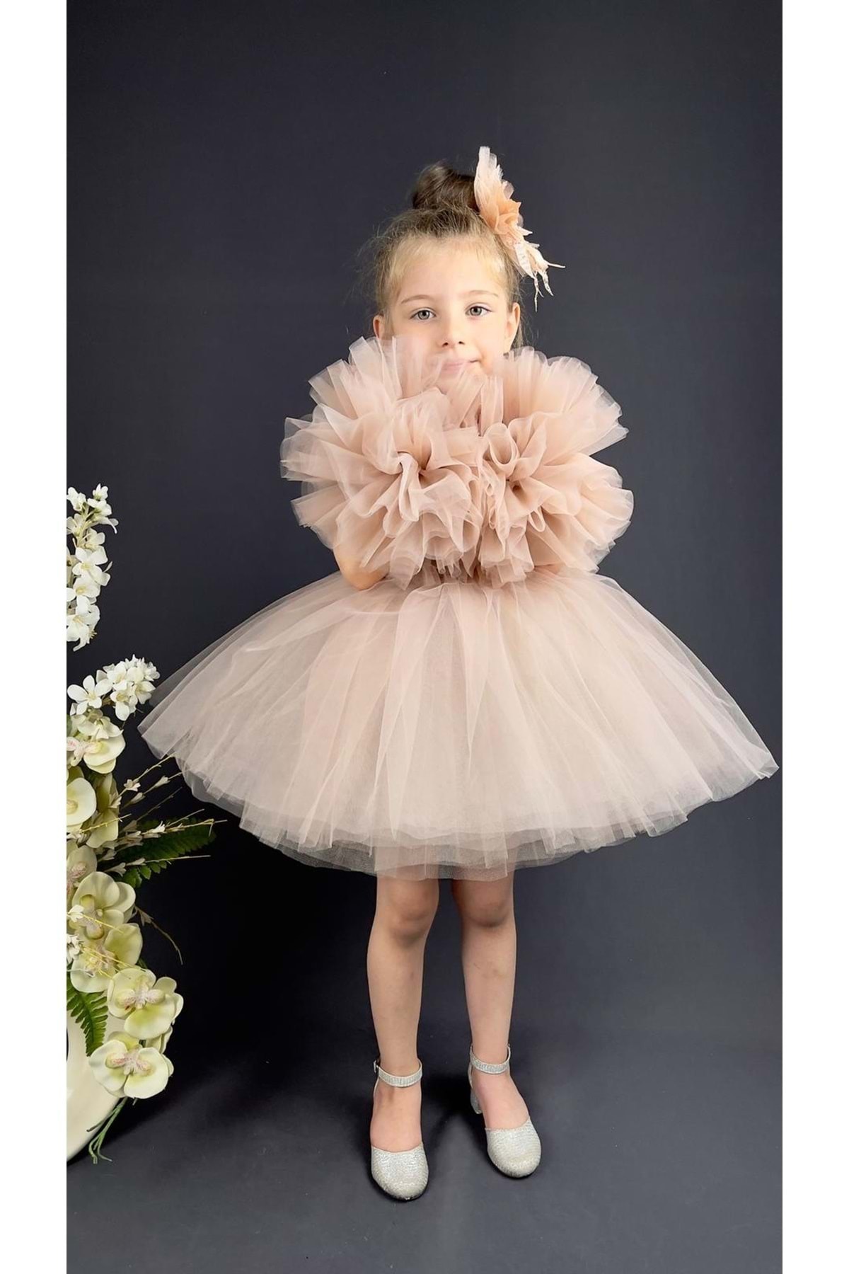 Mnk Baby&Kids Şifon Robalı Ponpon Kol Pul Payetli Kız Çocuk Kabarık Etek Tütülü Abiye PUDRA fotoğrafı 2 (önizleme)