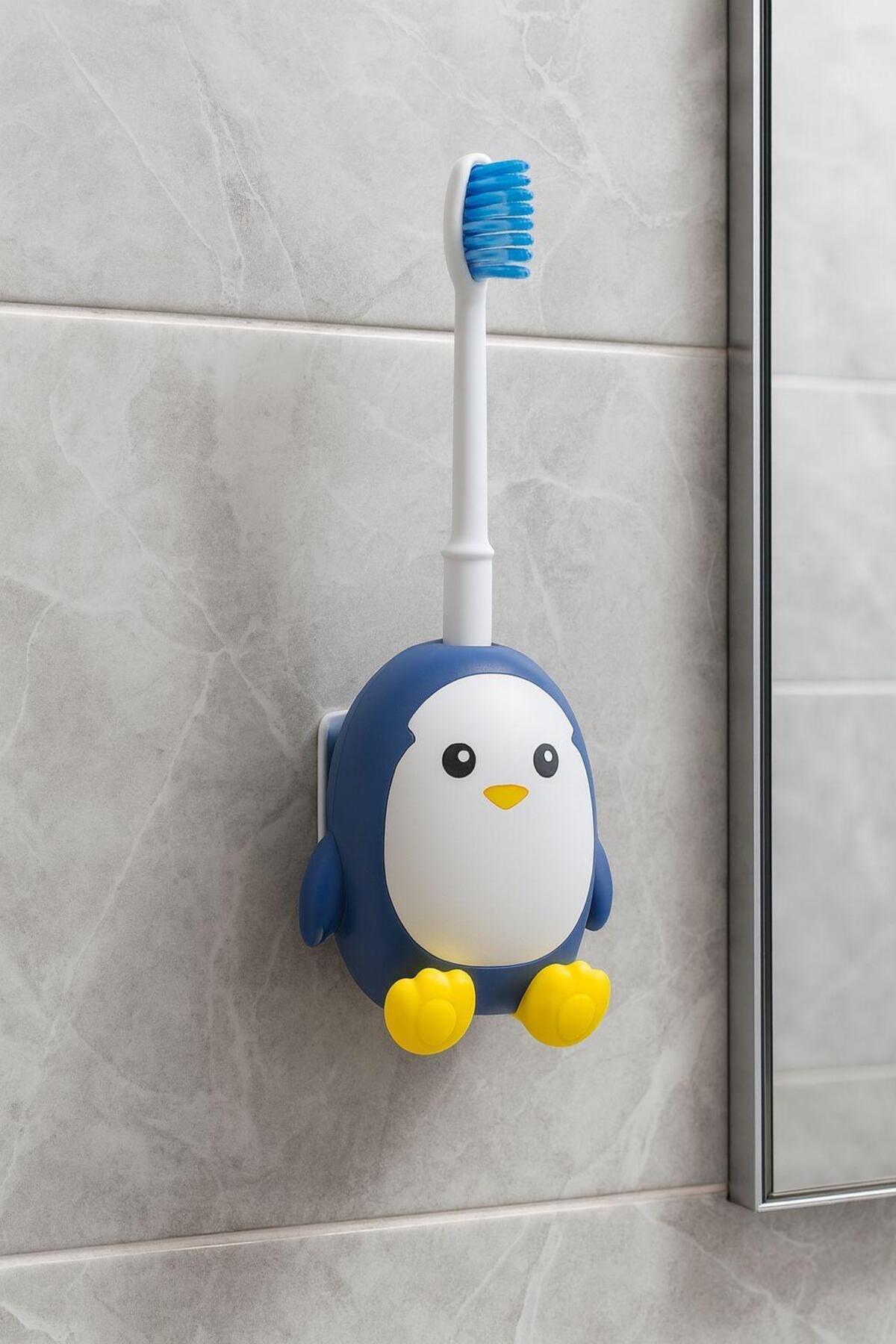LUİ HOME Yapışkanlı Diş Fırçası Kabı Çocuk Penguen Figürlü 1 Adet