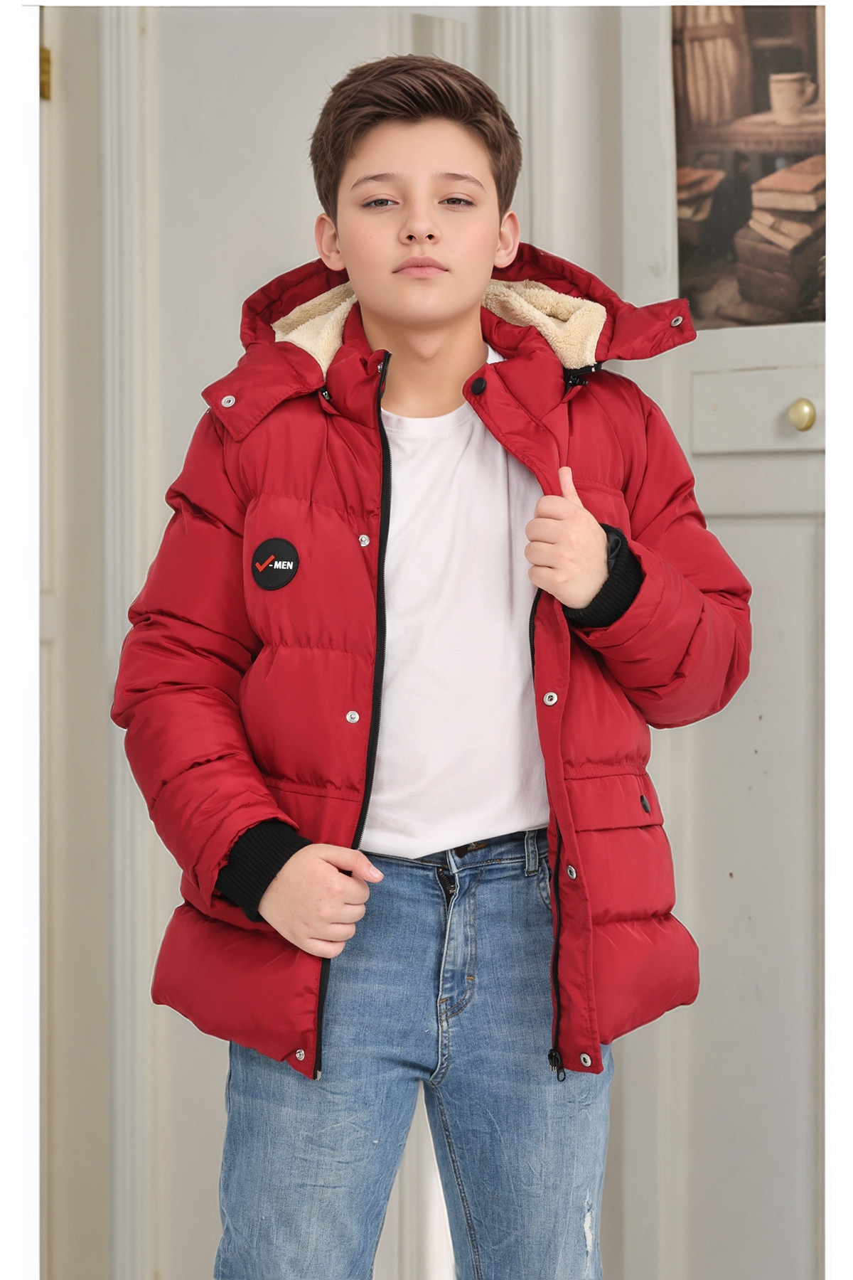  کاپشن/پالتوی کلاه‌دار ضد آب زمستانی پسرانه، آستر پشمی، پر شده با الیاف ضخیم