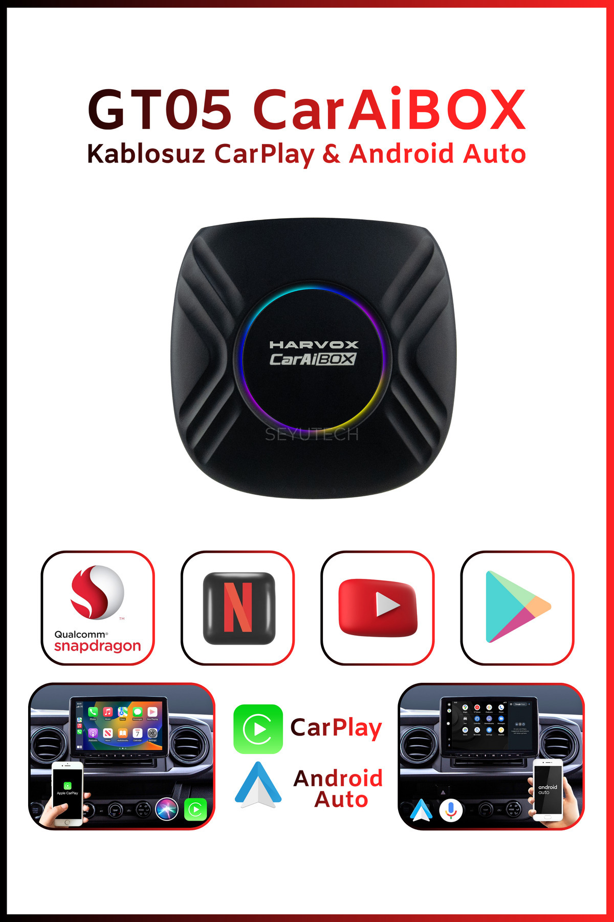 SEYUTECH GT05 CarAiBOX Kablosuz CarPlay & Android 4GB+64GB Android 13 Youtube Netflix Video Oynatma Qualcomm
