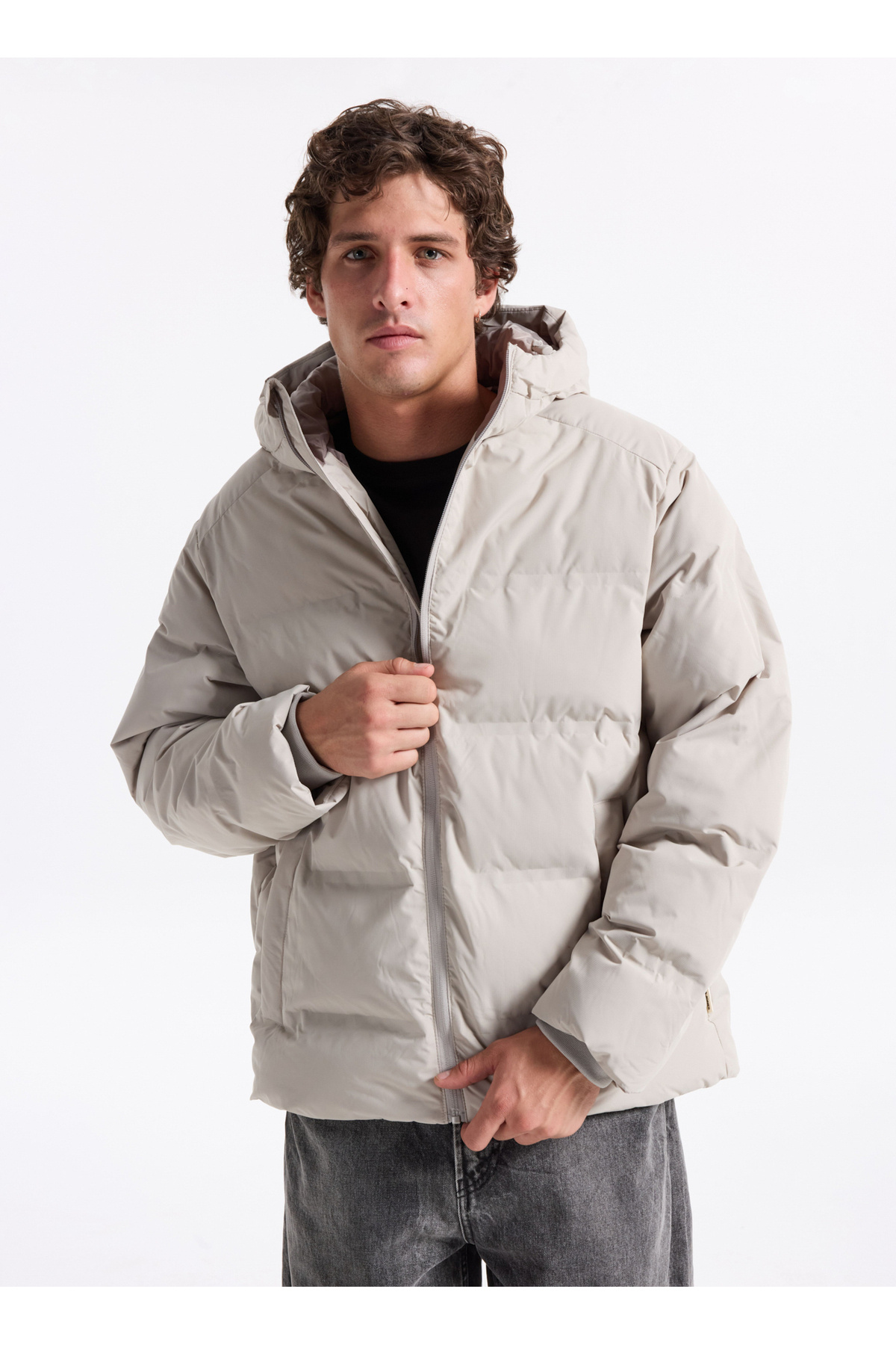 جک اند جونز پالتو مردانه خاکستری روشن 12278749_JJESOHO PUFFER HOOD SN