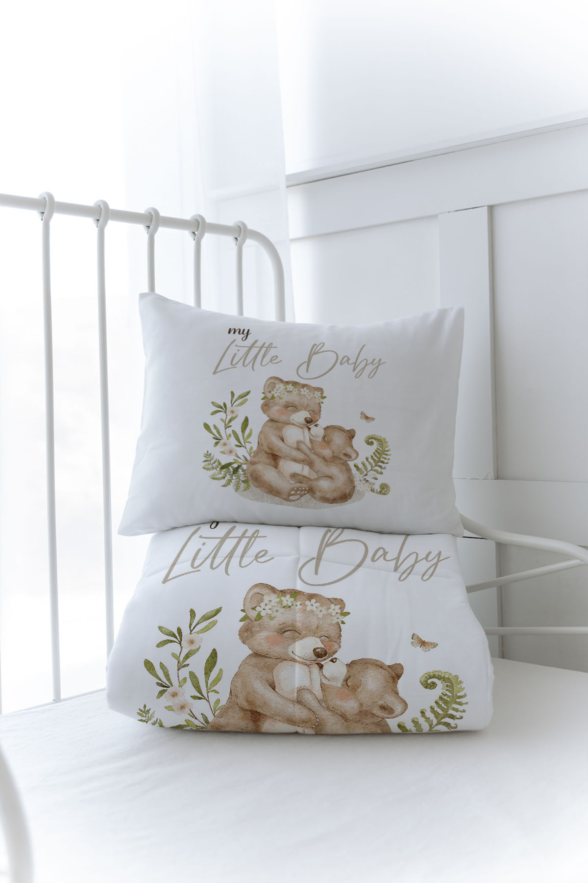 Tuğba Kuğu Organik Baskılı Bebek (100x150) Yorgan Seti - For Baby Serisi - Mom and Baby Bear fotoğrafı 3 (önizleme)