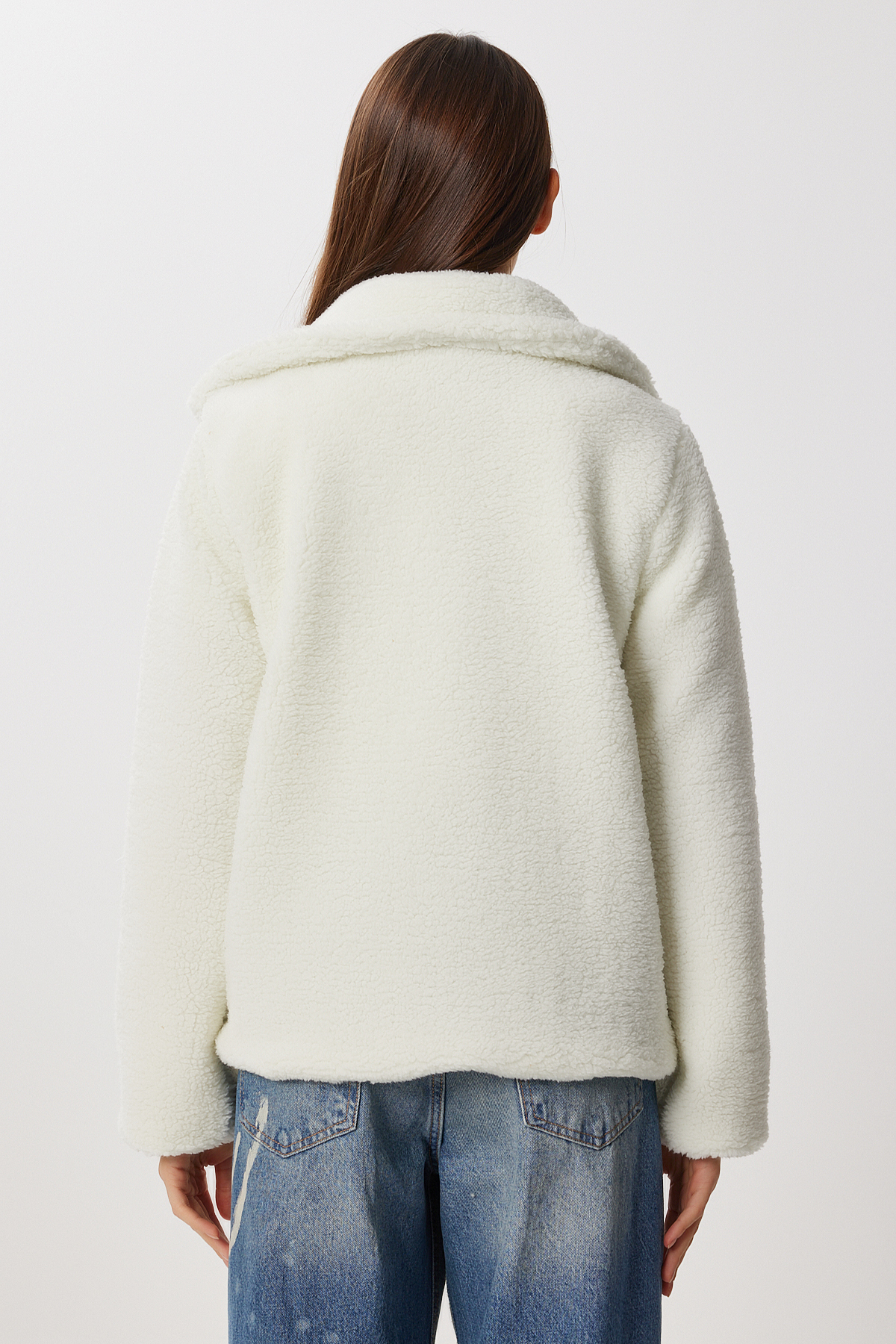 Lovelyİstanbul  Polo Yaka Fermuarlı Peluş Mont LCI0042 EKRU - Görsel 8