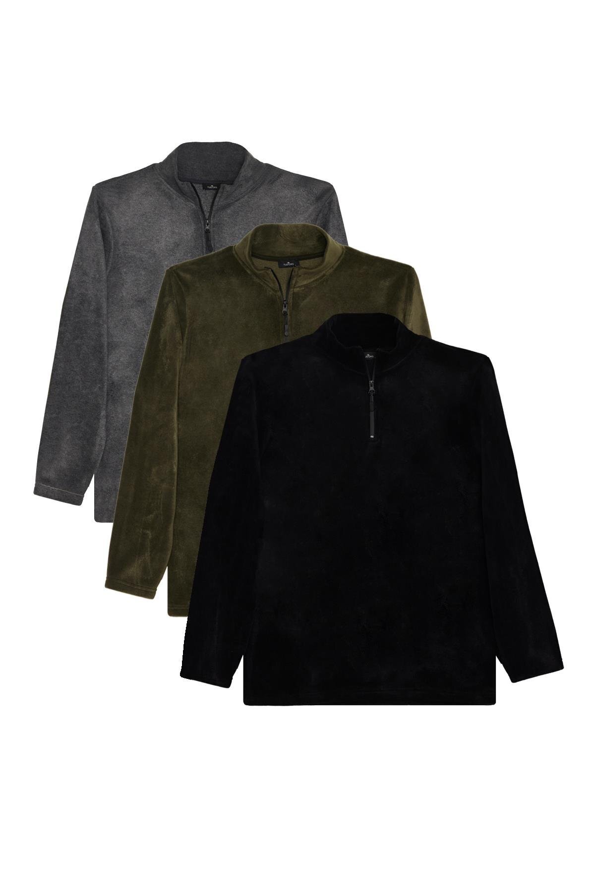 Tudors Unisex 3'lü Paket Siyah-Gri-Haki Standart Fit Tüylenme Yapmayan Soğuk Geçirmez Polar Sweatshirt
