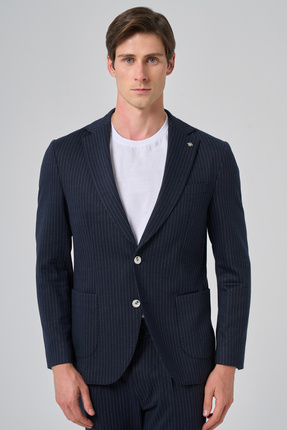 Morven Erkek Lacivert Poliviskon Trend Çizgili Slim Fit Mono Yaka Takım Elbise