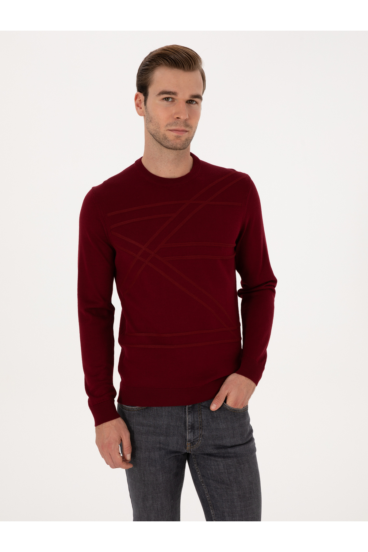 کاشارل ژاکت بافتنی پشمی یقه گرد اسلیم فیت زرشکی تیره 50311869-VR175