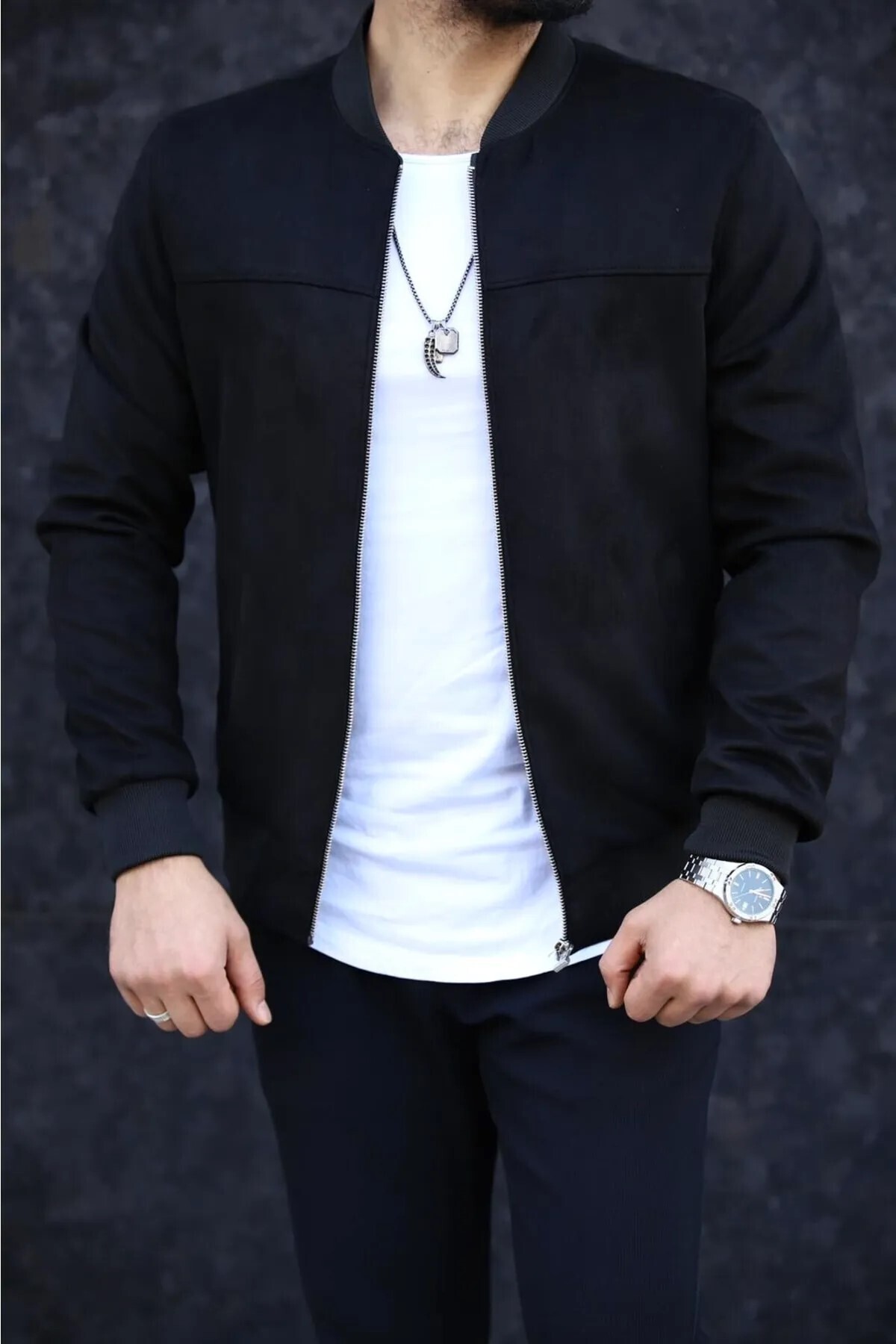 BM BALANCEMODA Erkek Siyah Süet Kolej Yaka Ceket görsel 2