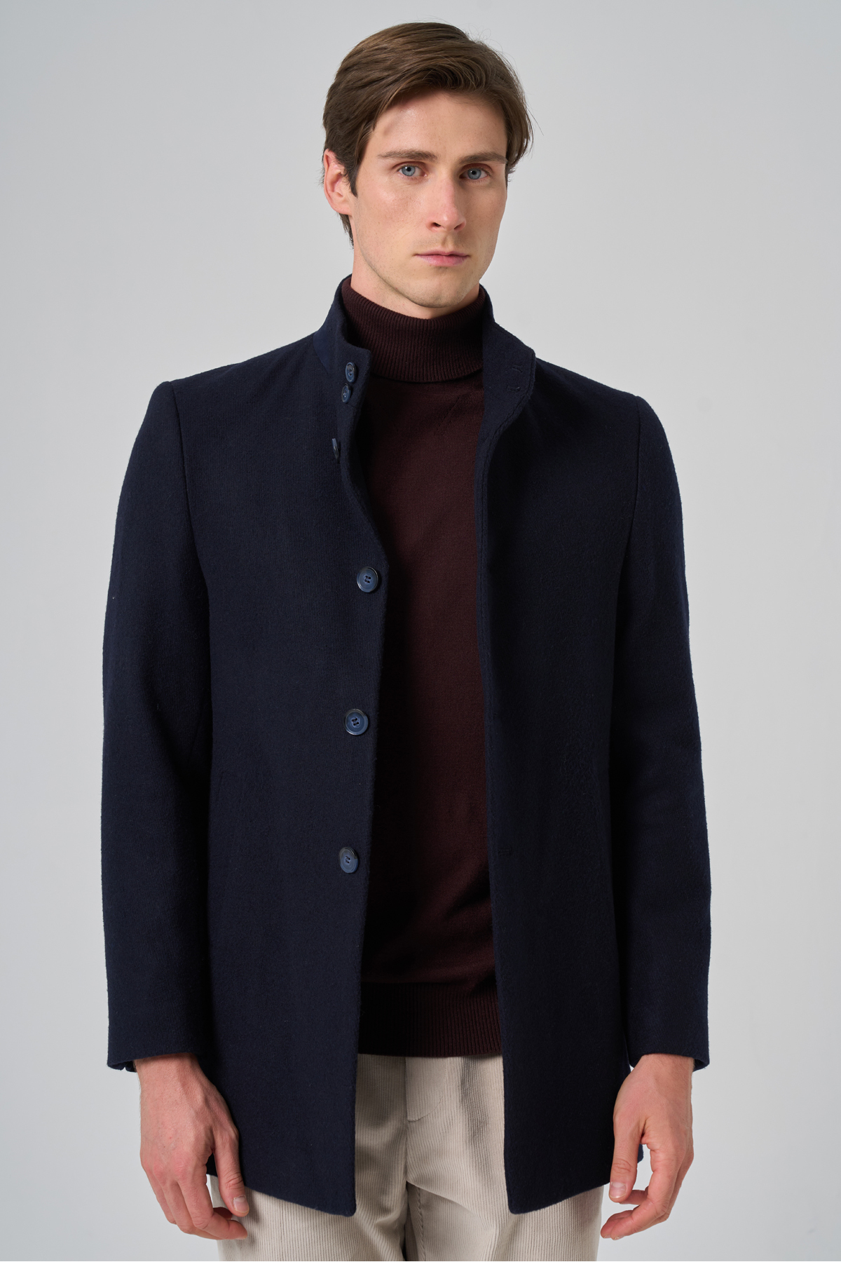 Morven  Erkek Lacivert Yünlü Düz Dynamic Fit Hakim Yaka Kaban - Görsel 3