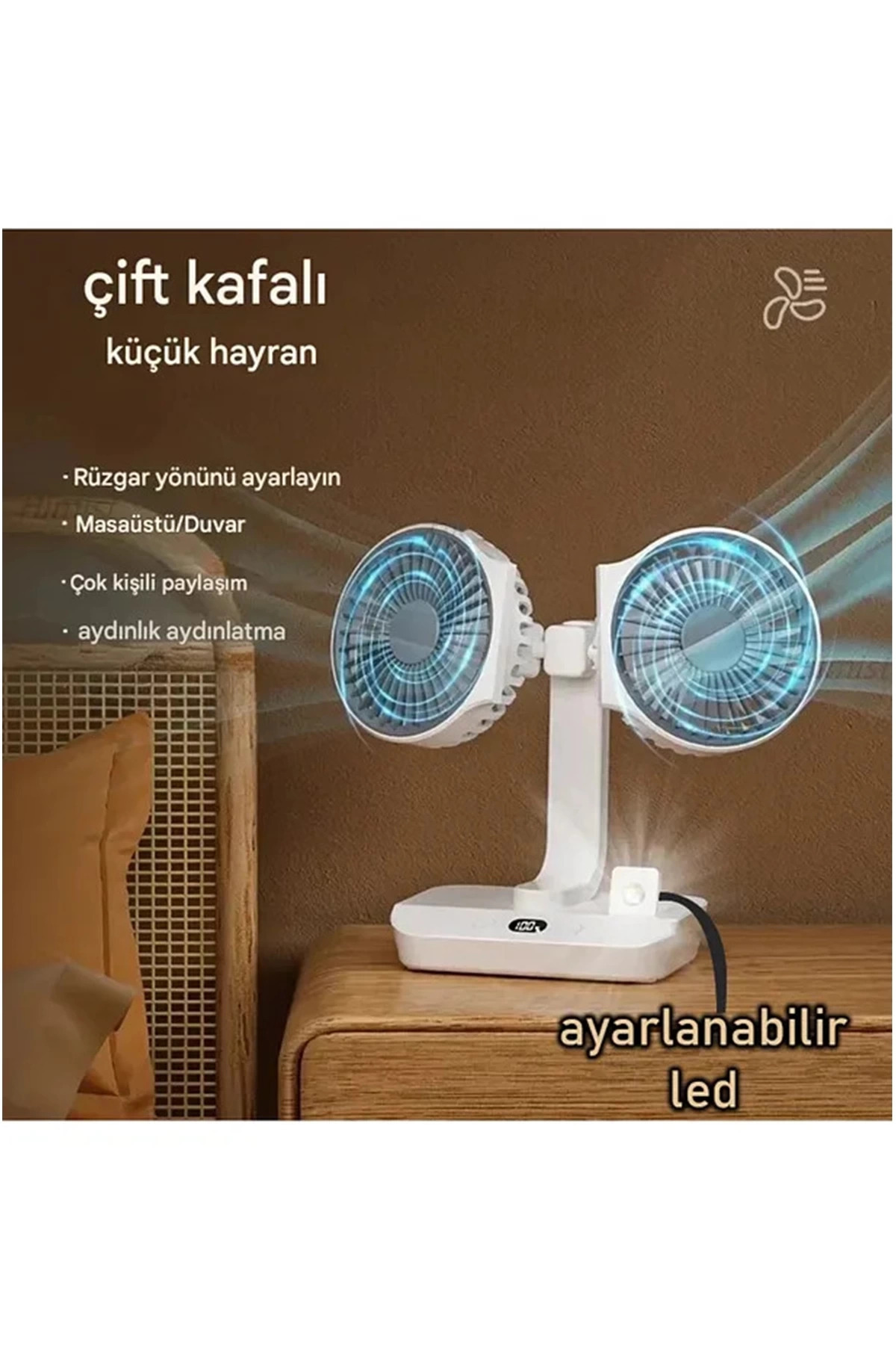 Epilons Masaüstü Dijital Ekranlı Çift Fanlı Led Işıklı Soğutucu Fan Ev Ofis Şarjlı Vantilatör