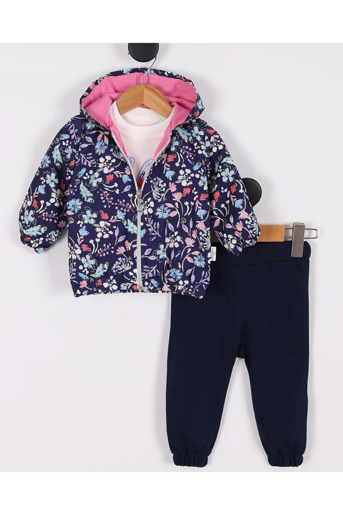 voyyo kids baby Kız Bebek Yağmurluklu Kapüşonlu, 3 Parça Mevsimlik Alt Üst Takım l 3-6-9-12-18 Ay fotoğrafı 2 (önizleme)