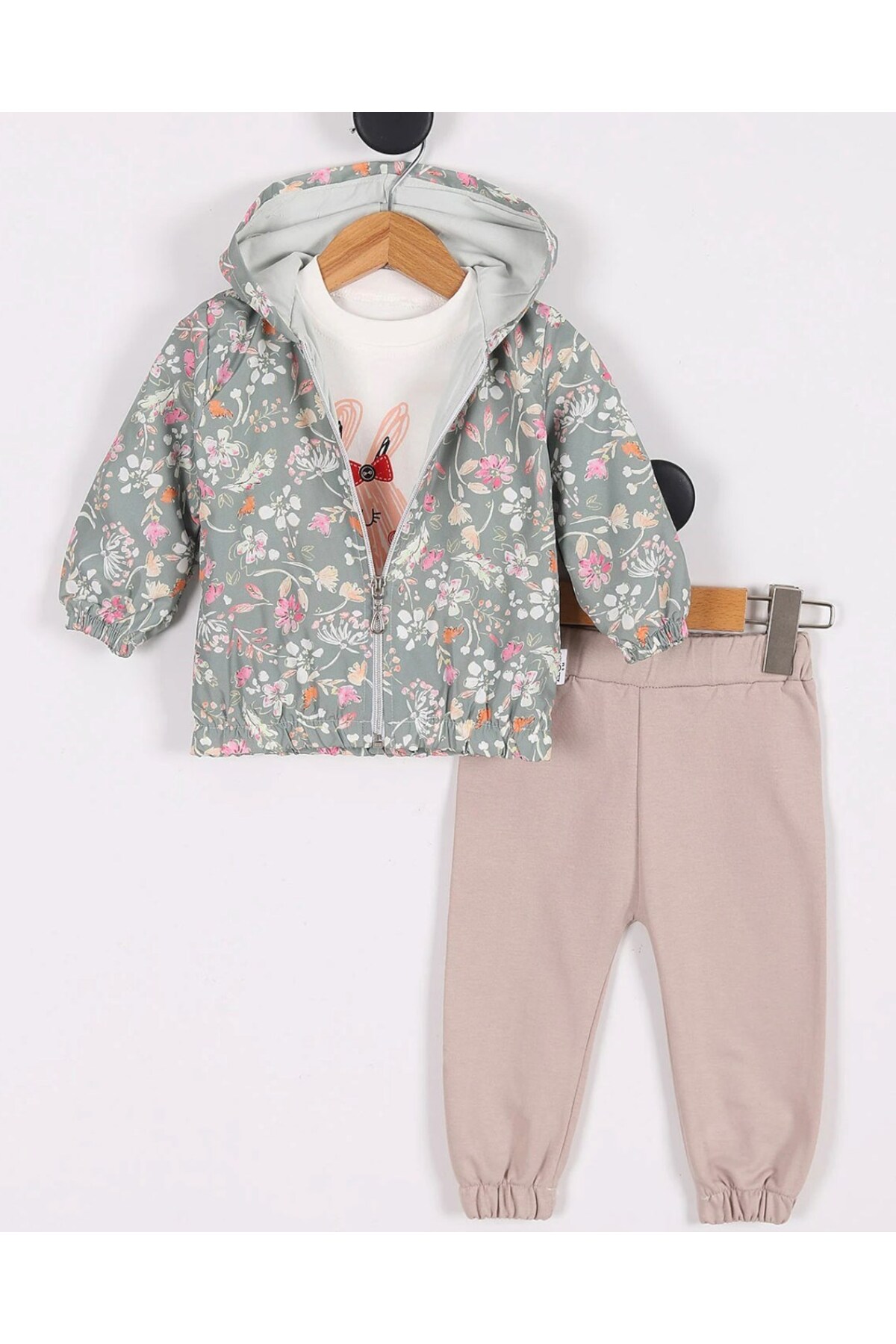 voyyo kids baby Kız Bebek Yağmurluklu Kapüşonlu, 3 Parça Mevsimlik Alt Üst Takım l 3-6-9-12-18 Ay fotoğrafı 2 (önizleme)