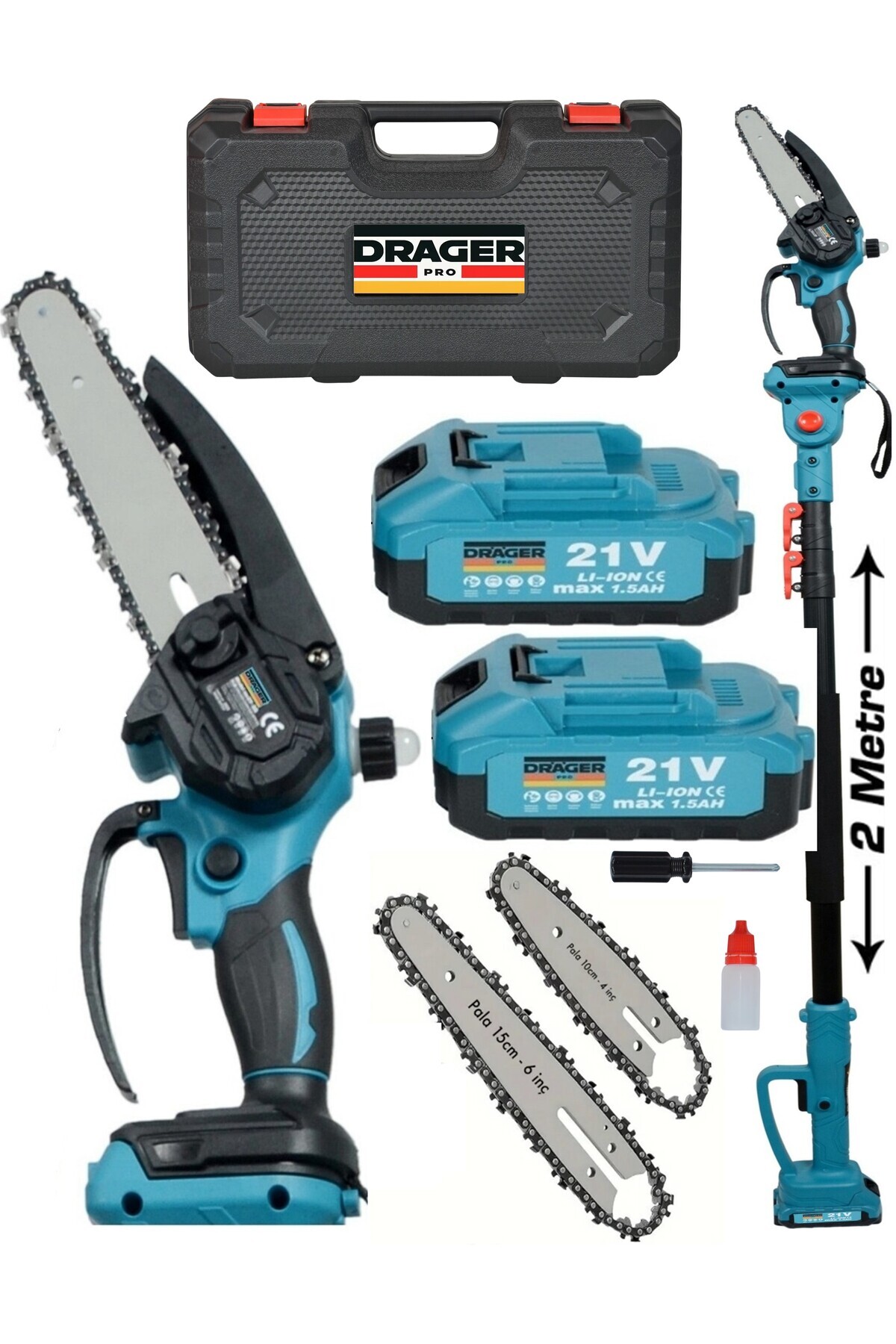pro drager 21 Volt Çift Akülü Teleskopik Kollu Bağ Makası & Yağ Pompalı Budama Testeresi Makinesi Çantalı Set