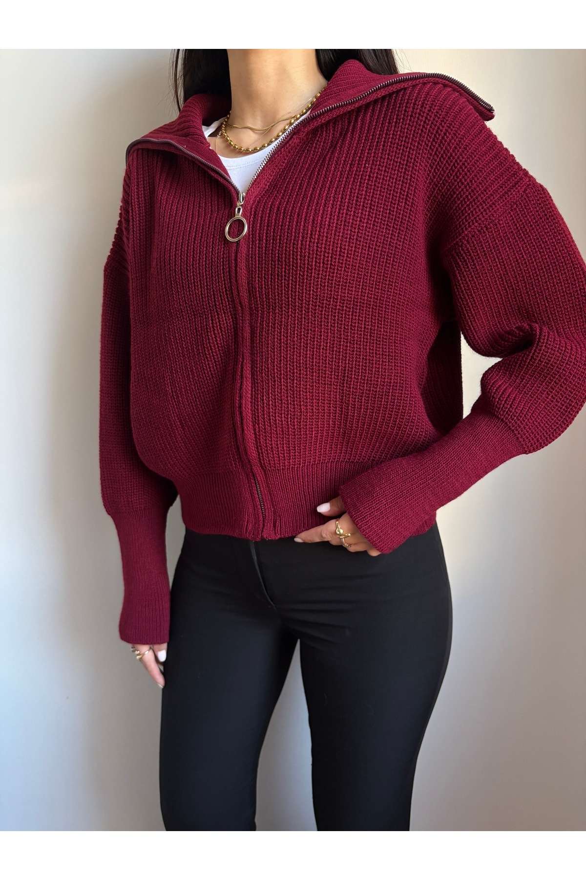 LOTUS CITY  Bordo Devrik Yaka Fermuarlı Triko Hırka - Görsel 5