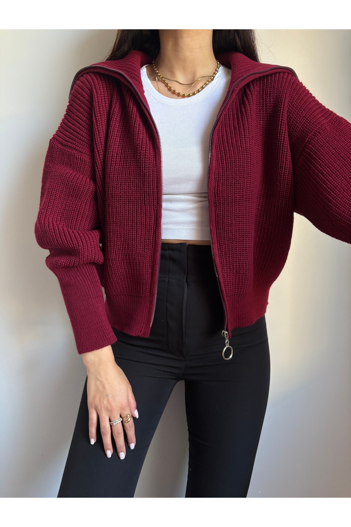 LOTUS CITY  Bordo Devrik Yaka Fermuarlı Triko Hırka - Görsel 2