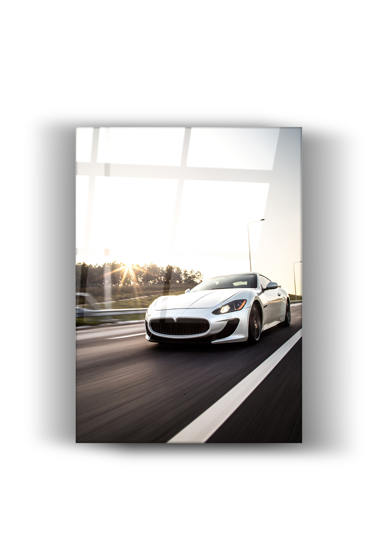 Lüks Spor Araba Dikey Cam Tablo | Maserati Hız ve Gün Batımı Duvar Dekoru-Ev-Ofis Dekorasyonu