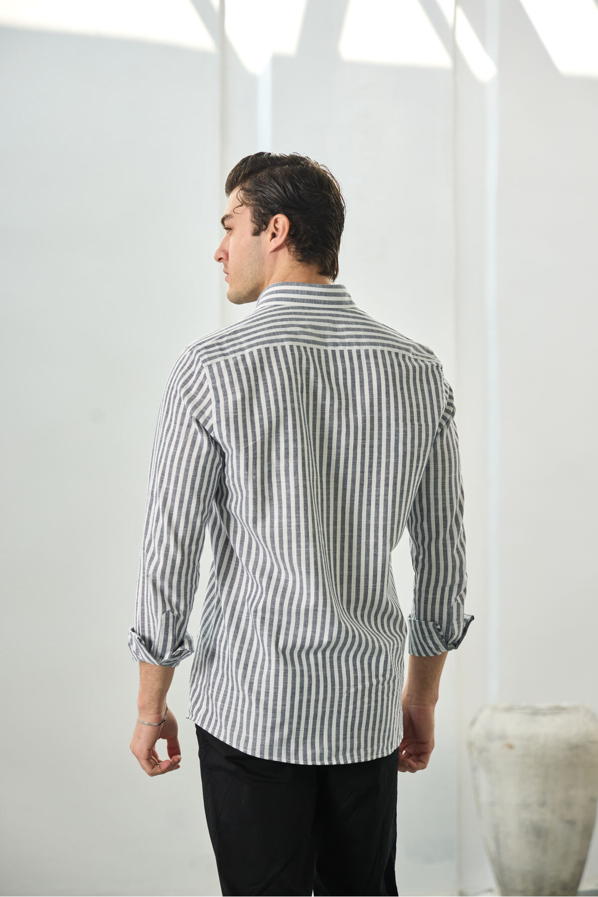 Sulti  Slim Fit Siyah Çizgili Düğmeli Yaka %100 Pamuk Flamlı Keten Görünümlü Gömlek - Görsel 6