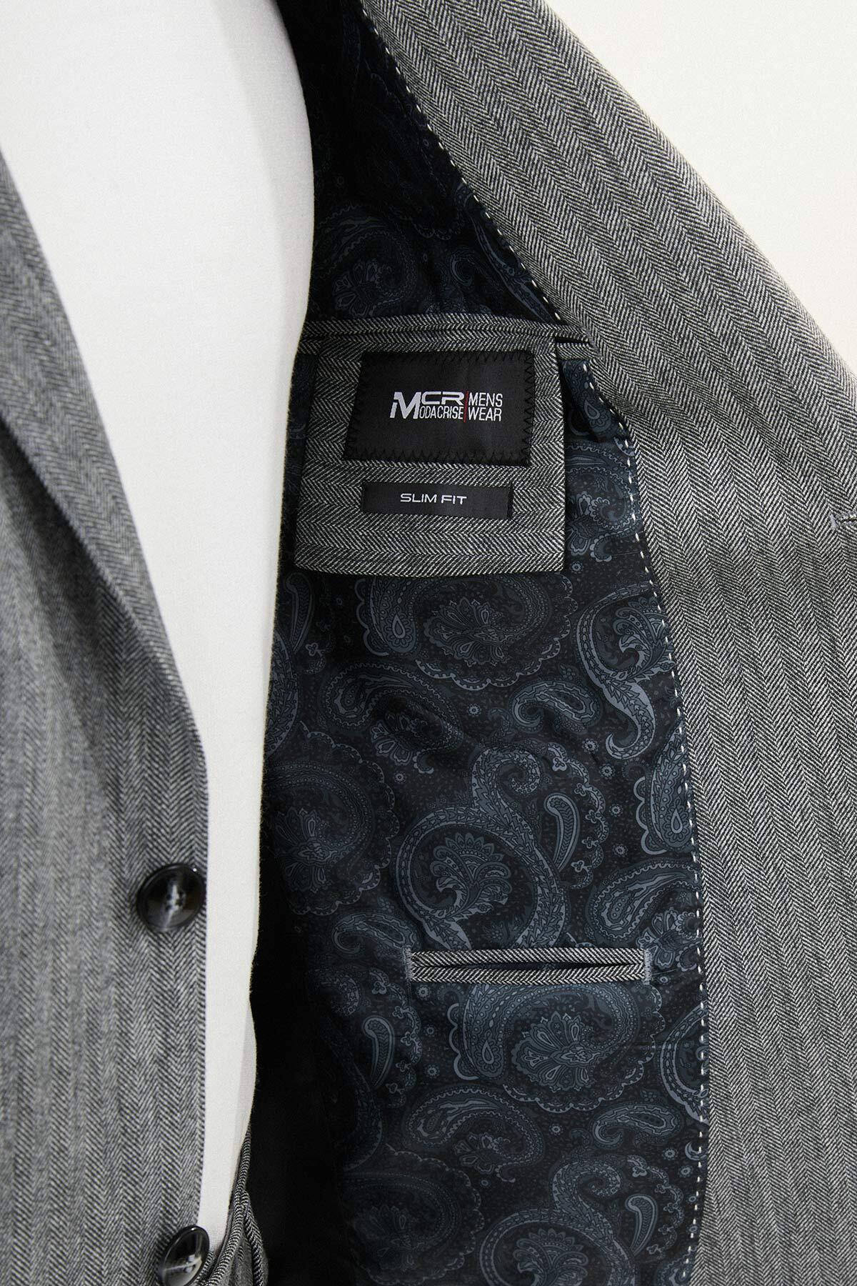 Desenli Slim Fit Mono Yaka Yün Erkek Takım Elbise Gri - 45429.25K — رنگارنگ — تصویر 6 از 6