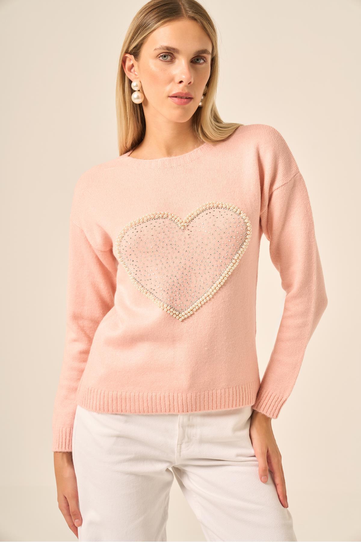 FTZ WOMEN  Kadın Kalp Detay Şardon Kazak Pudra 25214 - Görsel 4