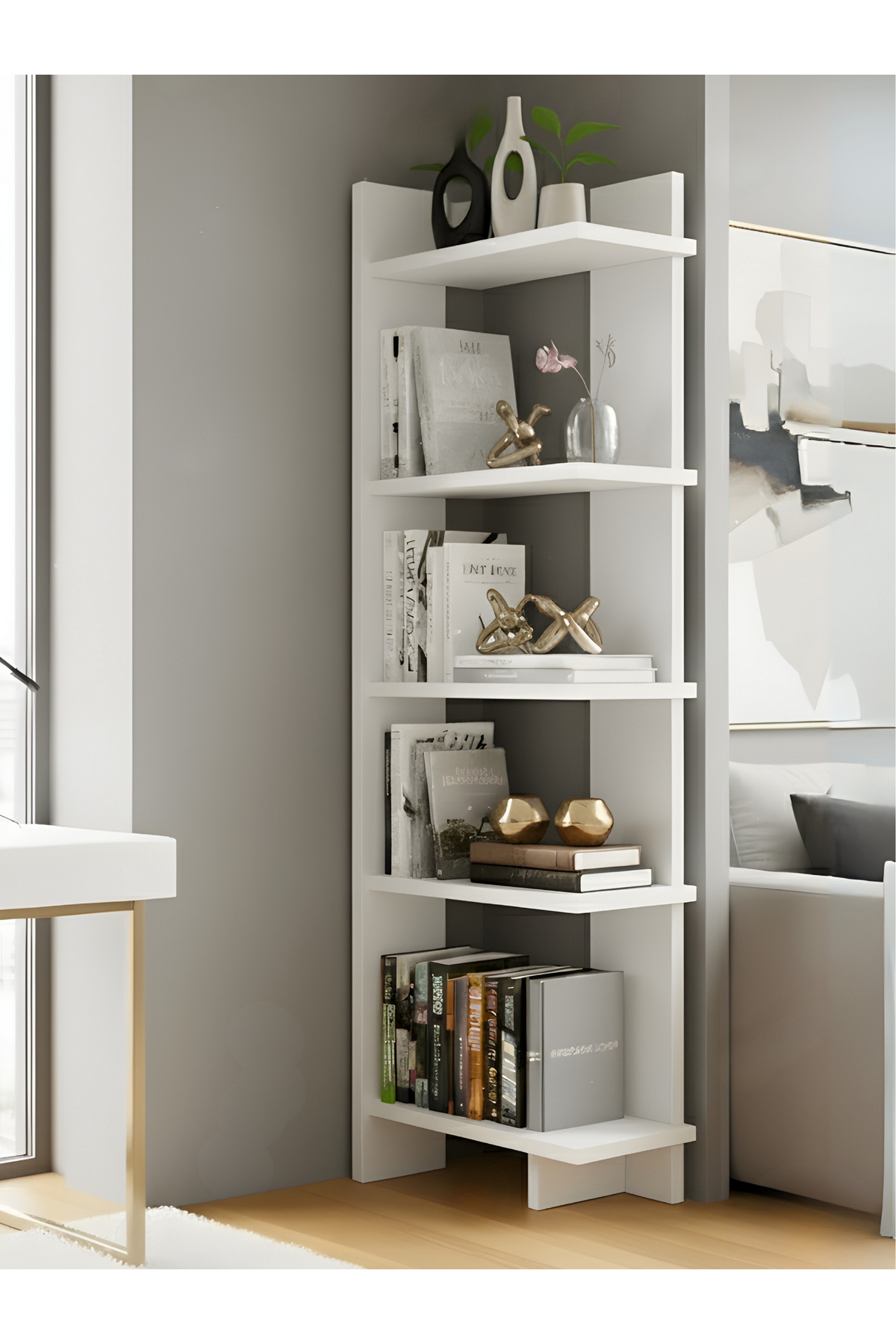 Free Home Premium MDF Ürün Modern Köşe Raf Kitaplık | Ahşap 5 Katlı Dekoratif Raflı Çok Amaçlı Düzenleyici