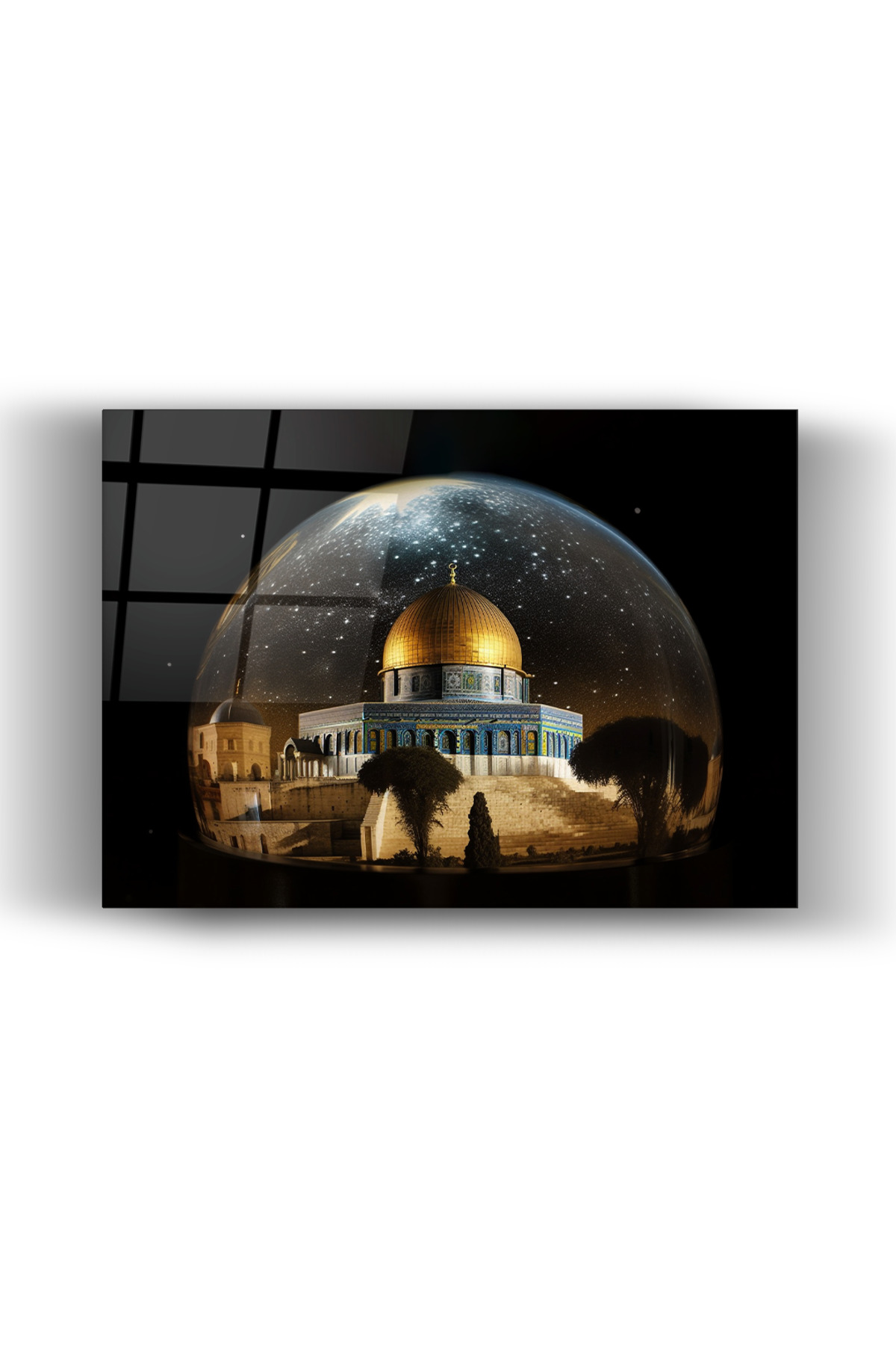 Kubbet-üs-Sahra (Dome of the Rock) | Küre İçinde Altın Kubbe Yatay Cam Tablo-Ev-Ofis Dekorasyon