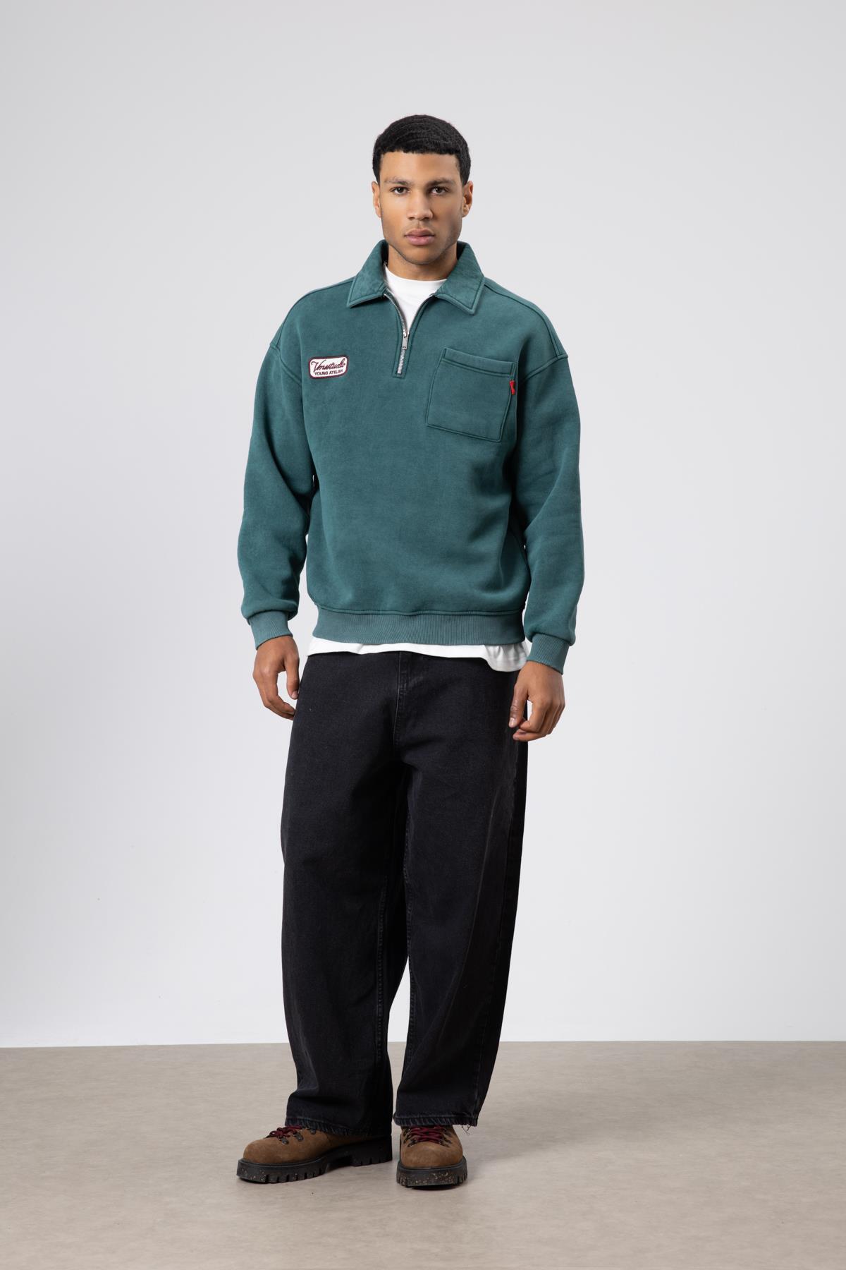 Yaka Fermuarlı Oversize Baskılı Sweatshirt Nefti — سبز V70-115