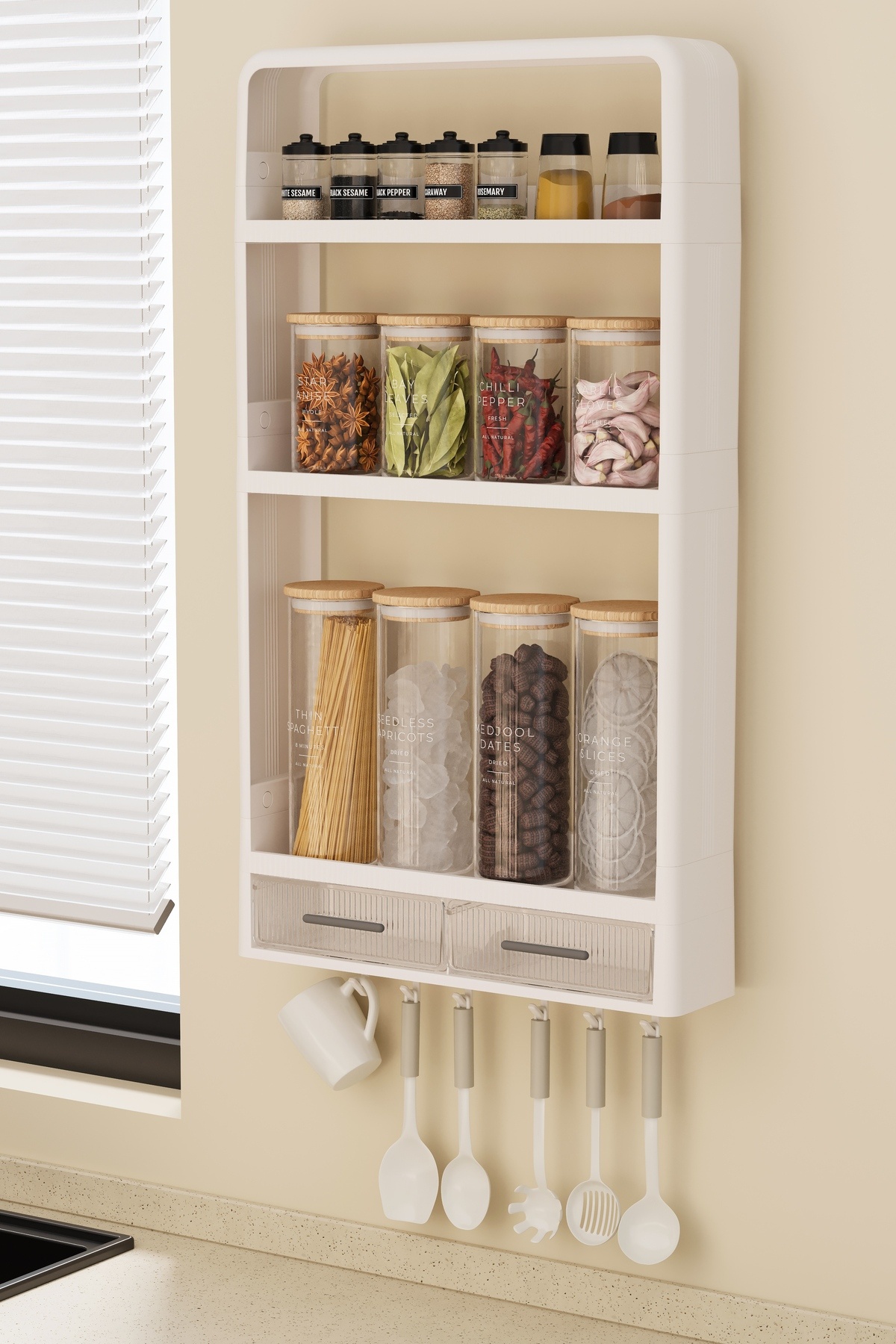 Walle Adhesive Wall Shelf, Kitchen Bathroom Organizer, Spice Rack with Hook Drawer, Assembly without Drilling