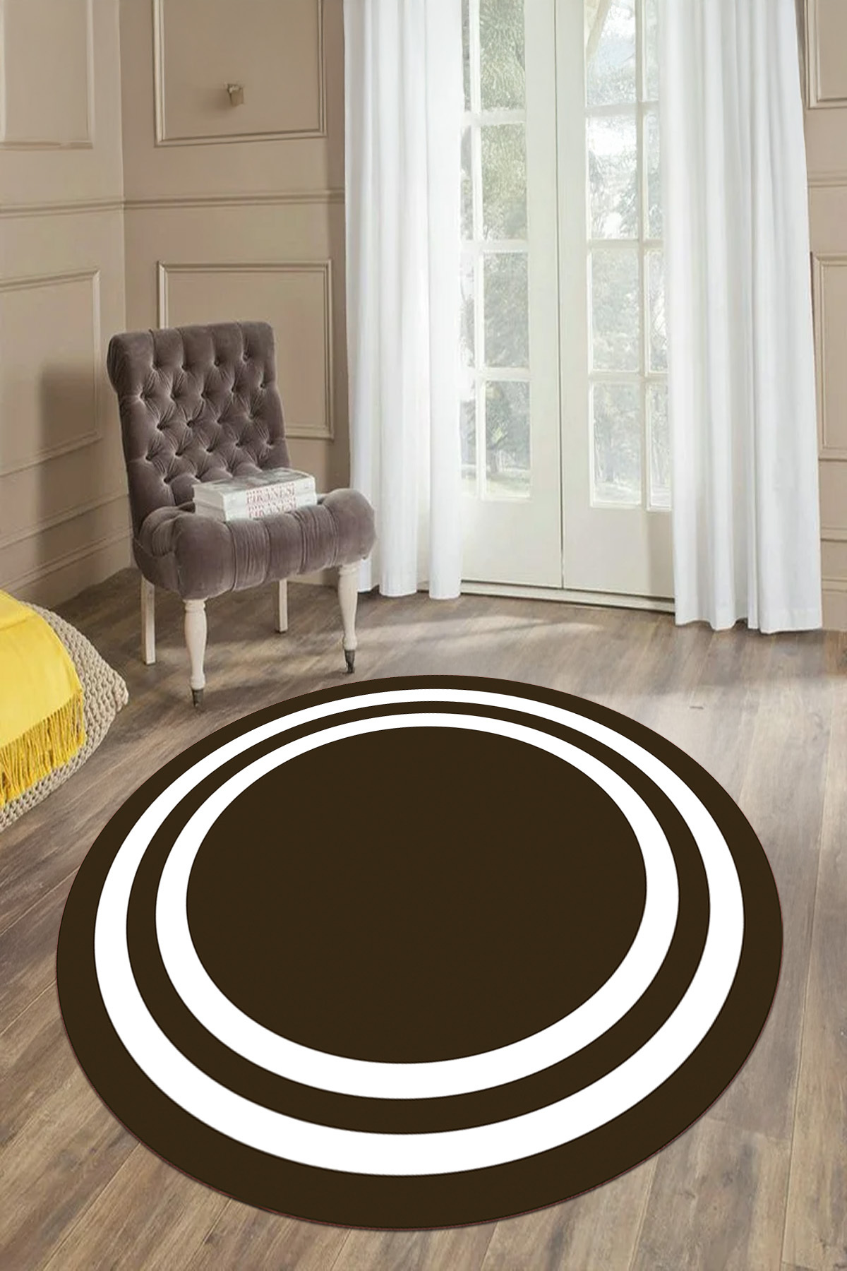 Round Lounge Rug with Printed Washable and Non-Slip Base Straight Line Motif Frame