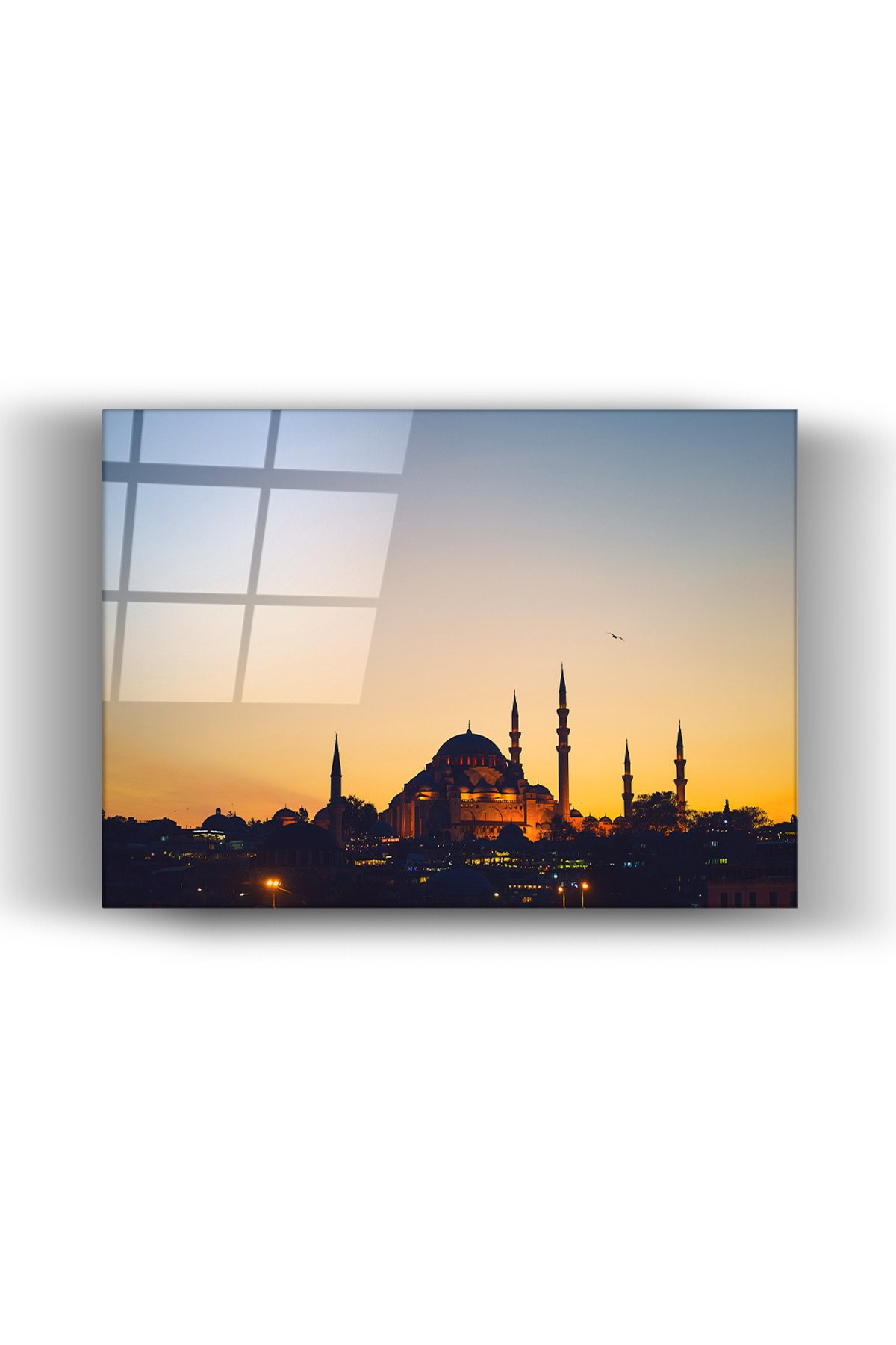 Mistik İstanbul | Cami Silüetleri ve Alacakaranlık Yatay Cam Duvar Sanatı-Ev-Ofis Dekorasyon