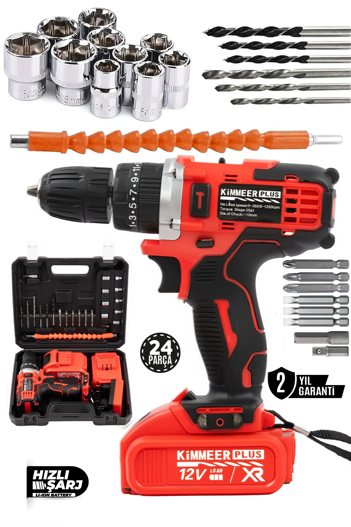 KİMMEER PLUS 12v 1.5 Ah Metal Şanzıman Çift Akülü Şarjlı 24 Parça