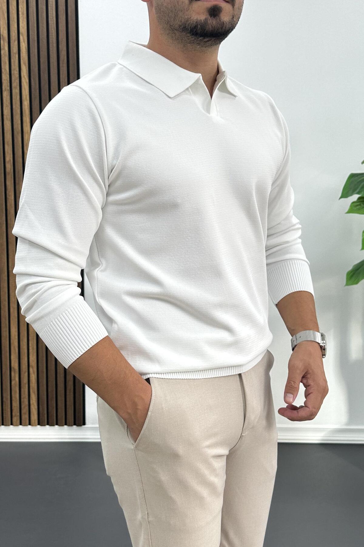 Edwox  Erkek Açık Yaka Düz Desen Normal Kalıp Kazak Beyaz Edw423 - Görsel 3